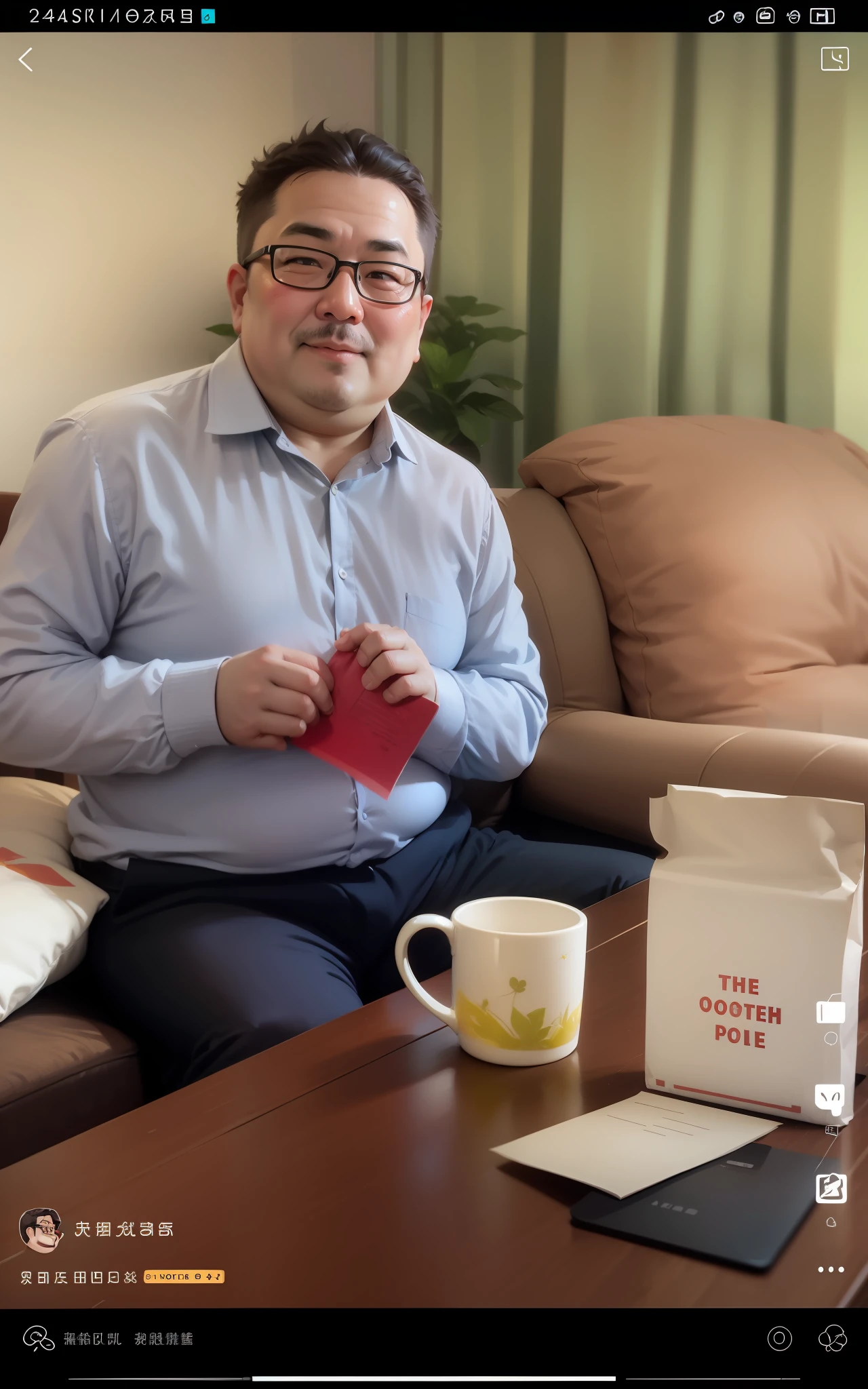 Fat uncle,with a round face,short detailed hair,ssmile,potbelly,Light blue shirt,wears glasses,sitting in the couch