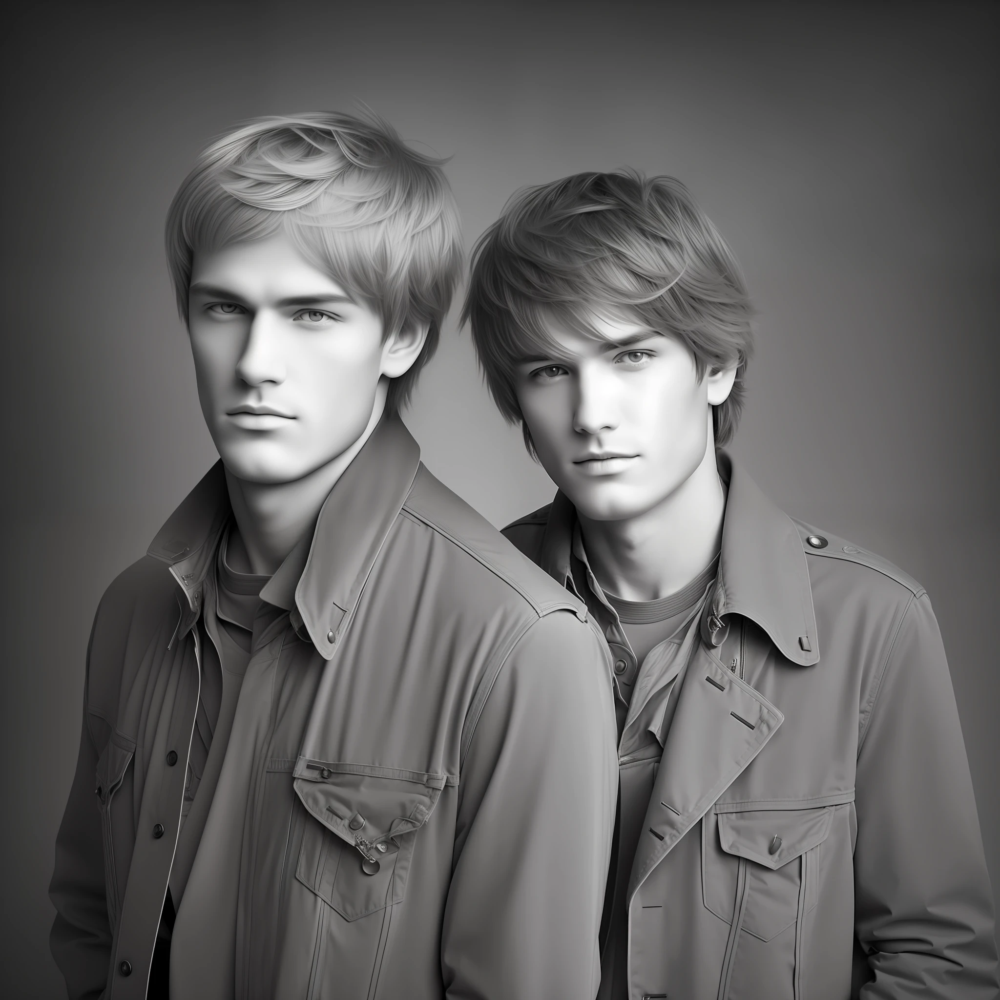 Portrait of two men in rock fashion on light gray background with sunlight shining in from front and shadows of two people、Monotone images、ULTRA-HIGH-QUALITY PHOTOS OF CANON5D