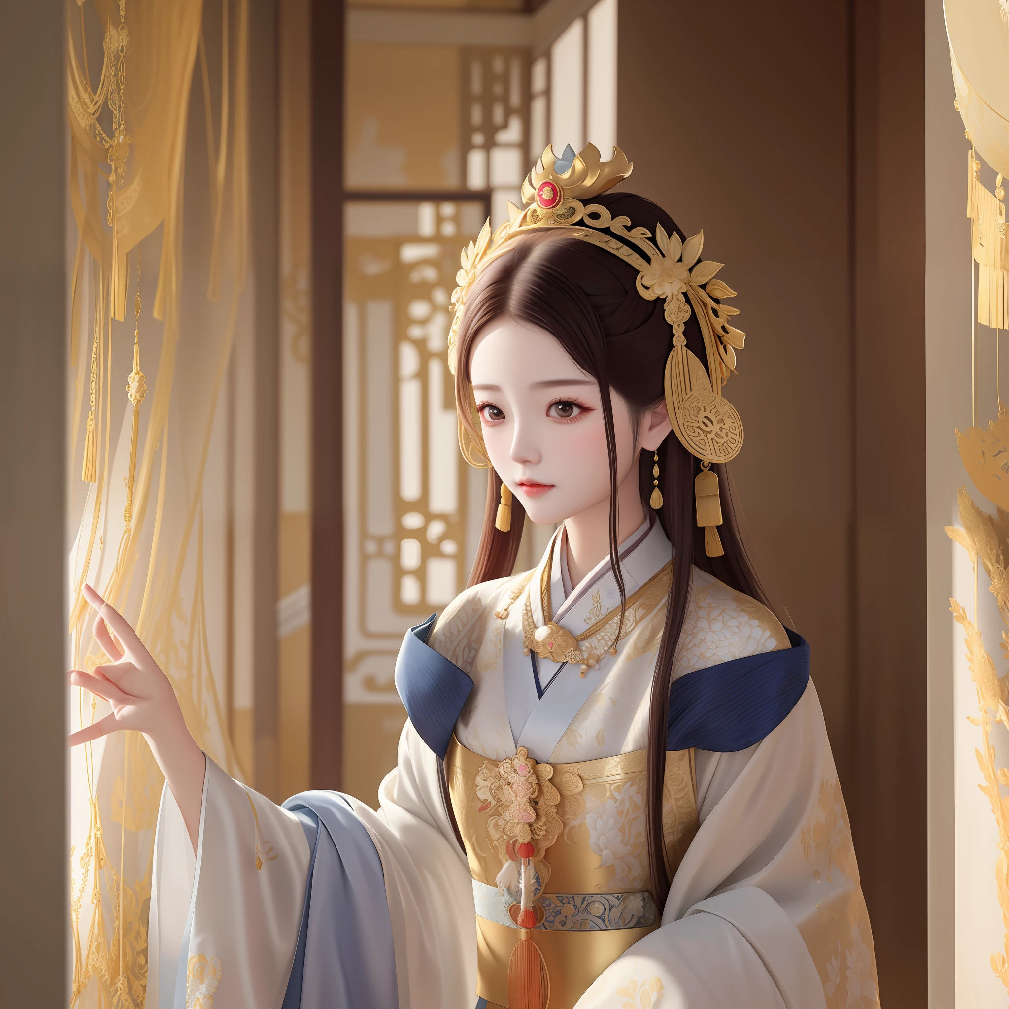 Arakfi women posing for photos in white dresses and gold headdresses, Palace ， A girl in Hanfu, a beautiful fantasy empress, elegant lady with alabaster skin, ((a beautiful fantasy empress)), in a high renaissance style, Wearing Gorgeous Costume, in a renaissance style, Beautiful rendering of the Tang Dynasty, a young woman as genghis khan，Beauty in period costume，Gentle and beautiful，Dignified and beautiful，Hanfu beauty，Ancient Chinese architectural background，Royal Sister Beauty - --auto