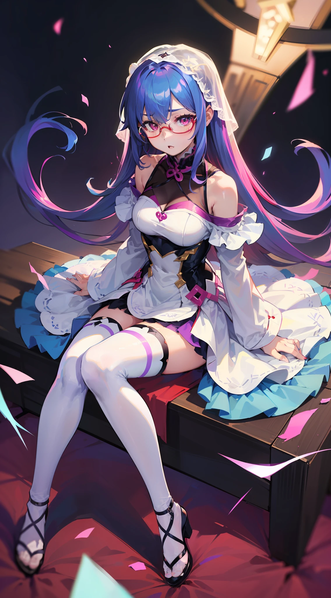 (s girl,人物,校服,Gradient Long Hair+Pale blue hair+Purple hair ends+Red Half-rimmed Glasses+Purple eye:1.2,wedding gown,White over-the-knee stockings, Expressions are confident and static)