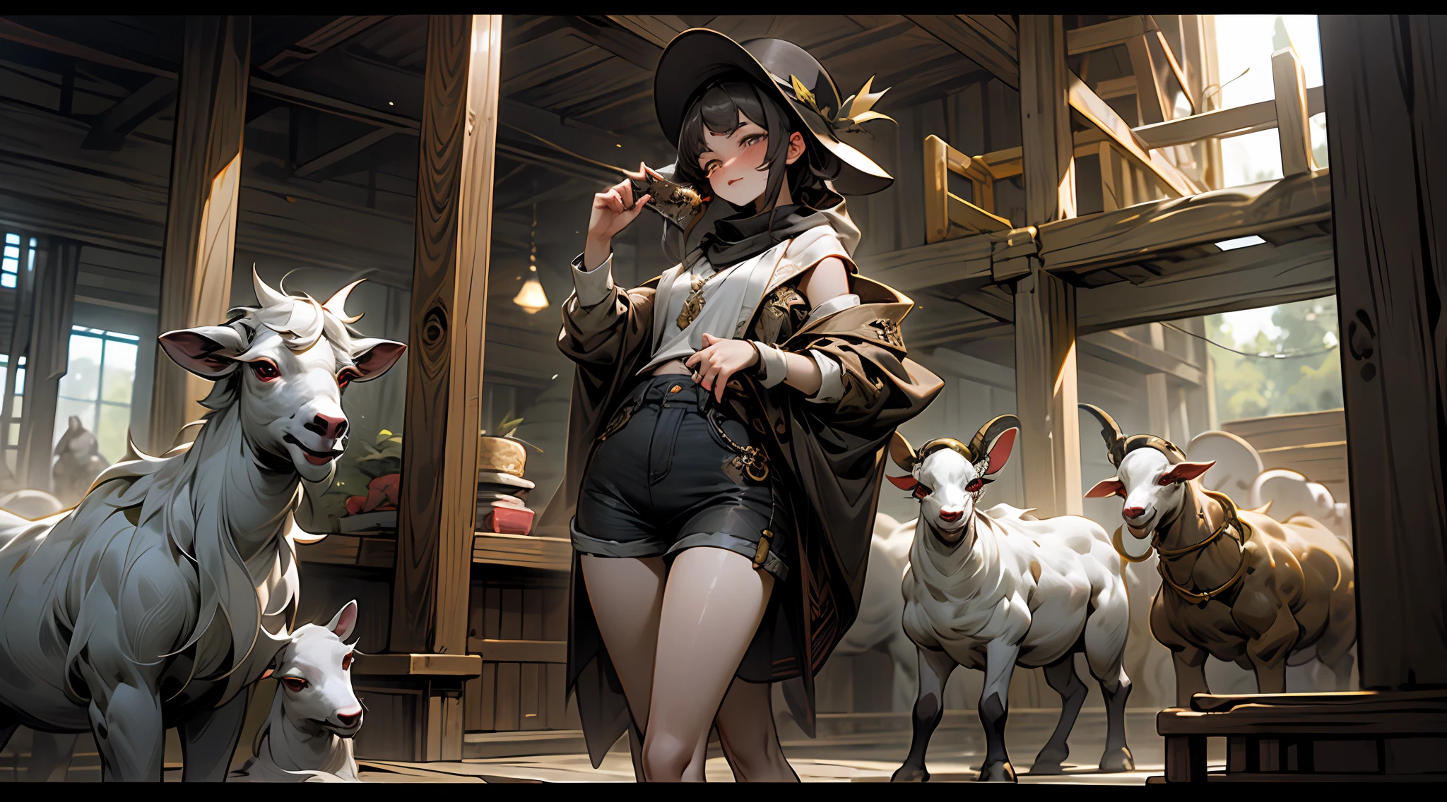 (fondo de pantalla CG 8k extremadamente detallado, obra maestra, mejor calidad, ultra detallada) Campesina sucia con ropa rasgada, Very short pants rotos y con parches, camisa de botones a cuadros desabrochada y vieja, sombrero de paja viejo, pechos medianos, nipslip, milking a goat in a barn mucha suciedad, suelo llenos de paja, gallinas, intense expression, Texturas vivas. Primer plano de las manos de la mujer --auto