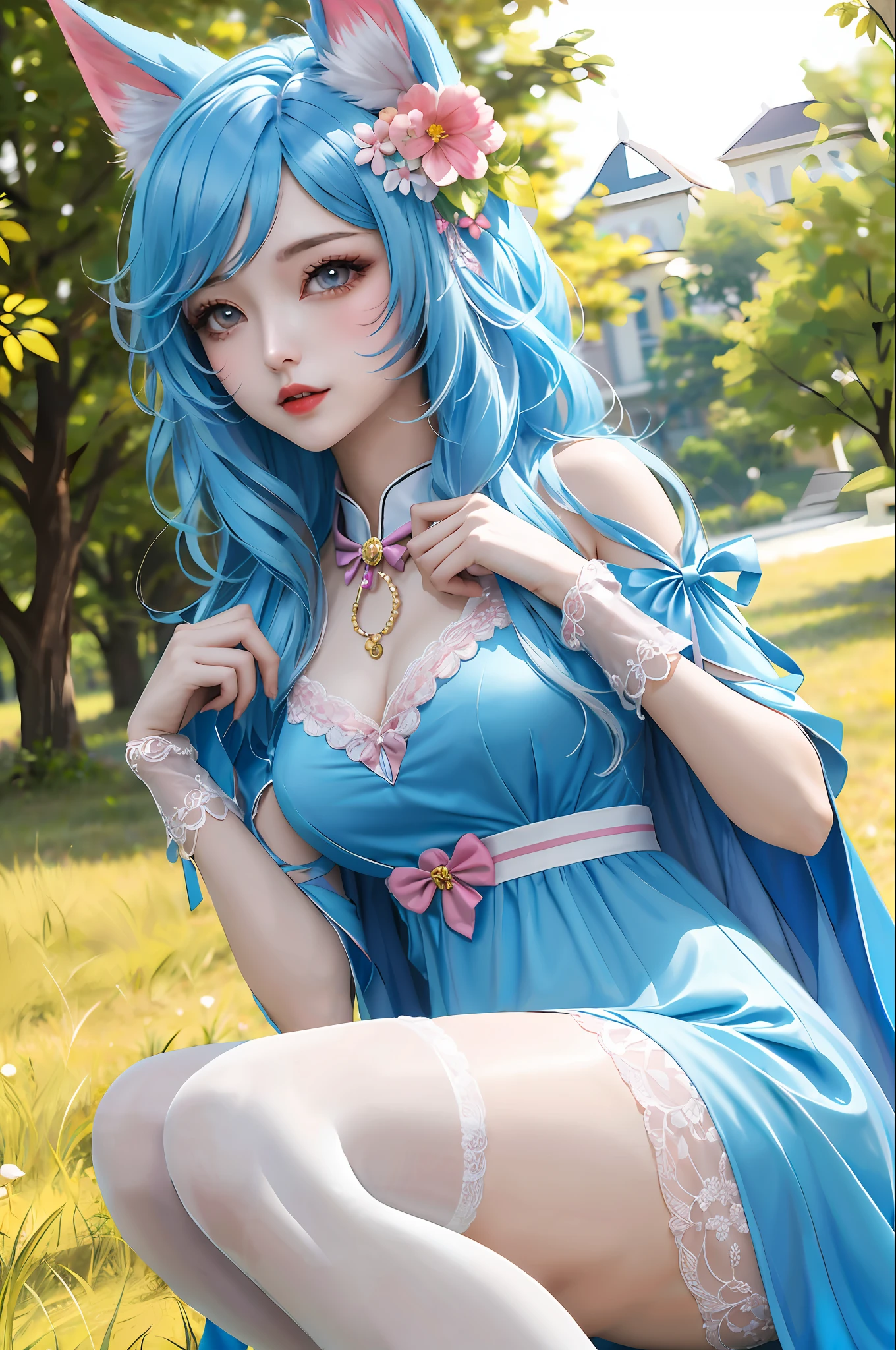 (tmasterpiece: 2.0,Best picture quality),(Ultra-fine eyes: 2.0),ph_REM,Remoud(1girll),blue hairs,独奏,eBlue eyes,x Headgear,Lace leg ornament,Bow knot,stocklings,Liquid socks,lacepantyhose,Suspenders,Lolita heels,Lolita shoes,Rosswaal Mansion Maid Clothes,full bodyesbian,Two hands,Two legs,Photo art,offcial art,maidennurse,Skysky,rays of sunshine,the trees,spray。