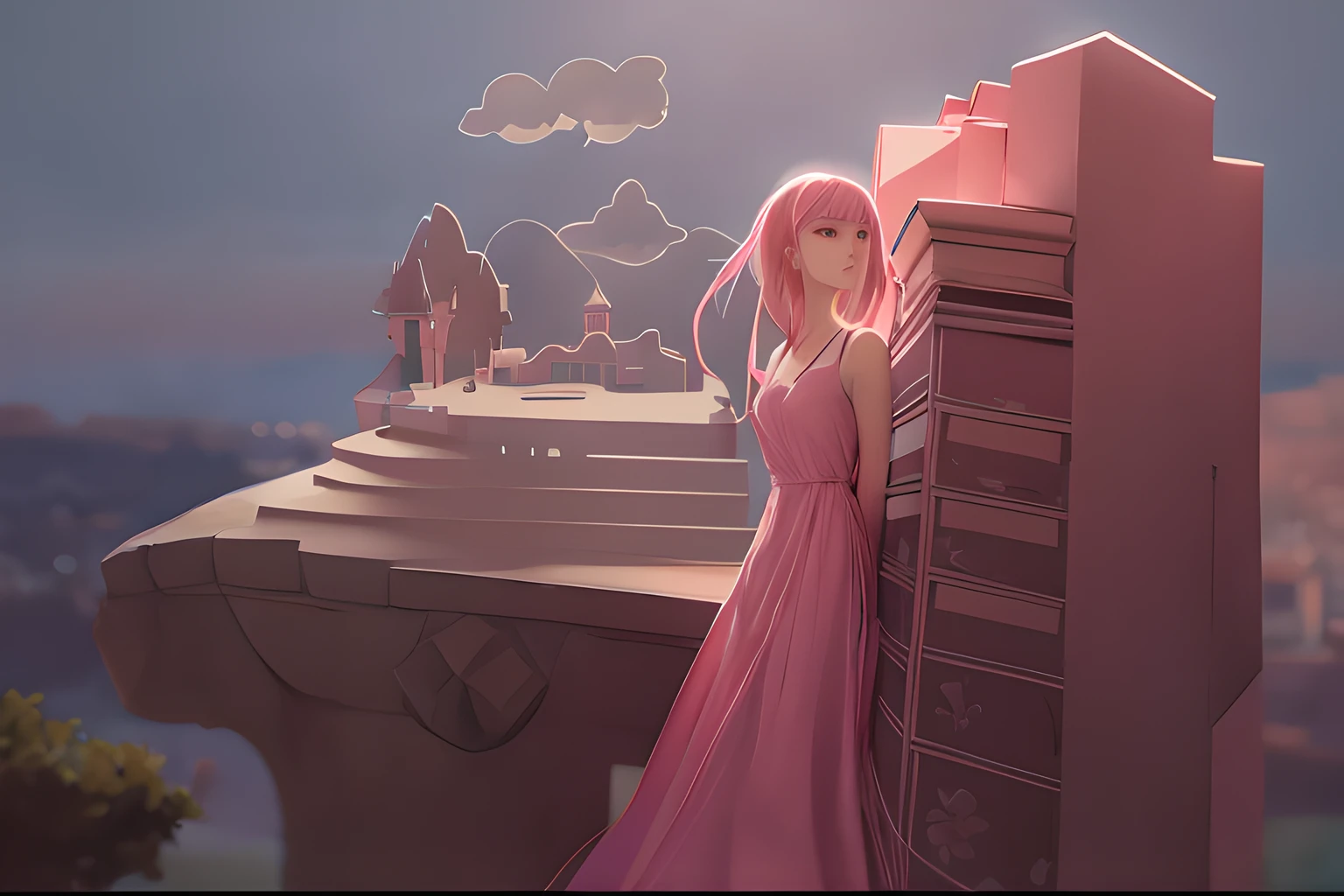 Anime girl standing on windowsill in pink dress,The background is a castle, amy sol in the style of, Surrealism, Neoclassicism, cinematic lighting, depth of field, UHD, 16k, textured skin, super detail --auto