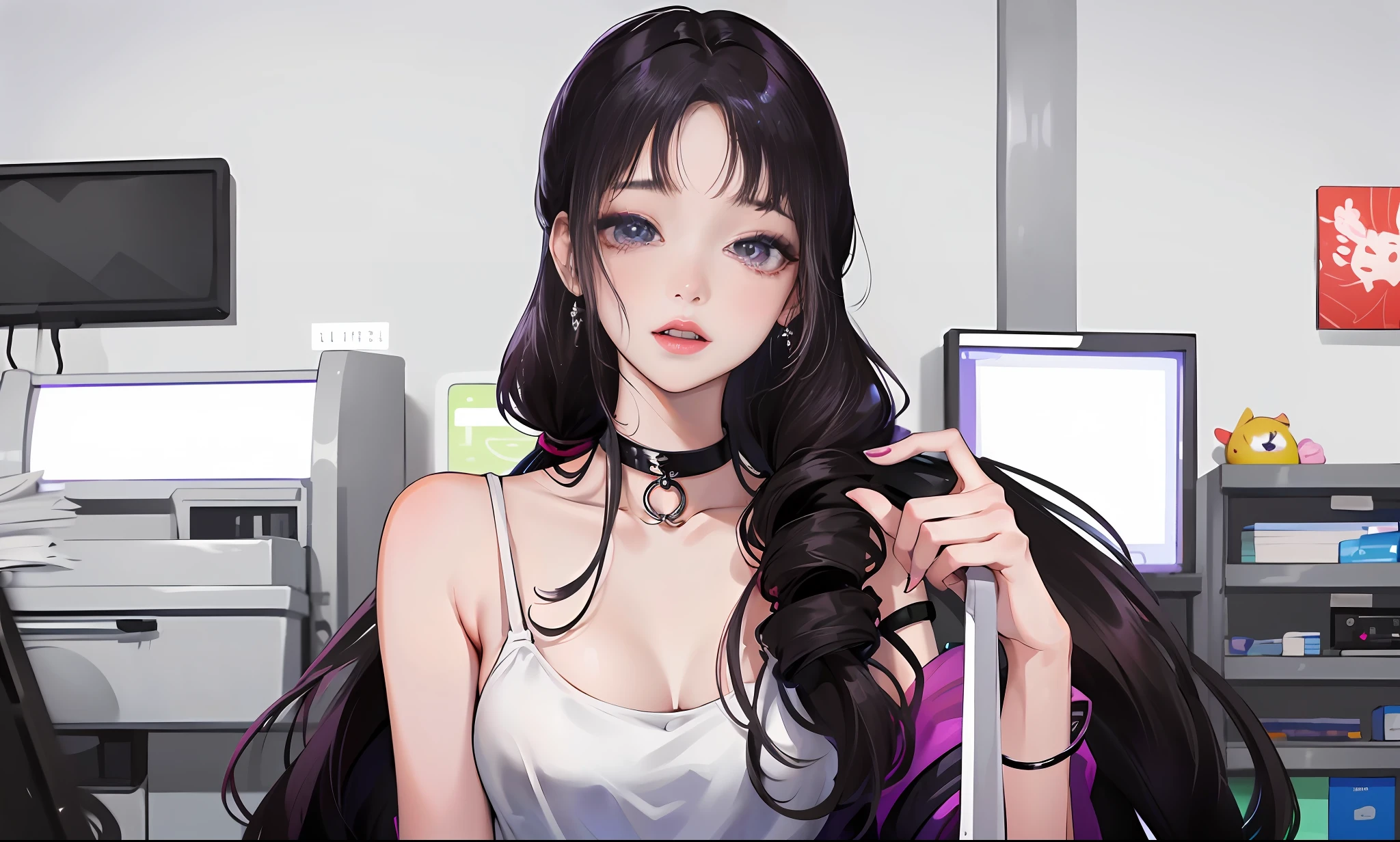a close up of a woman with long hair standing in front of a refrigerator, blackpink jennie, jossi of blackpink, straight hairstyle, with long hair, portrait of jossi of blackpink, violet long hair, gongbi, sha xi, pigtails hairstyle, jaeyeon nam, taejune kim, the hime cut, roseanne park of blackpink