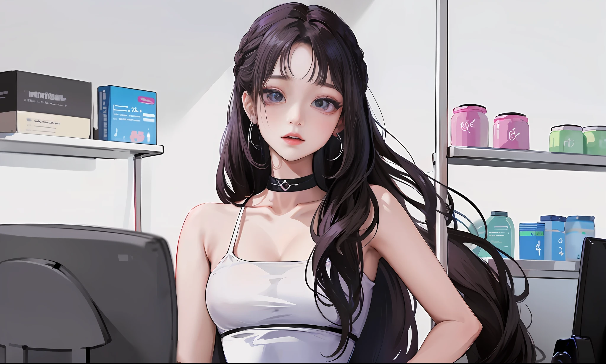 a close up of a woman with long hair standing in front of a refrigerator, blackpink jennie, jossi of blackpink, straight hairstyle, with long hair, portrait of jossi of blackpink, violet long hair, gongbi, sha xi, pigtails hairstyle, jaeyeon nam, taejune kim, the hime cut, roseanne park of blackpink