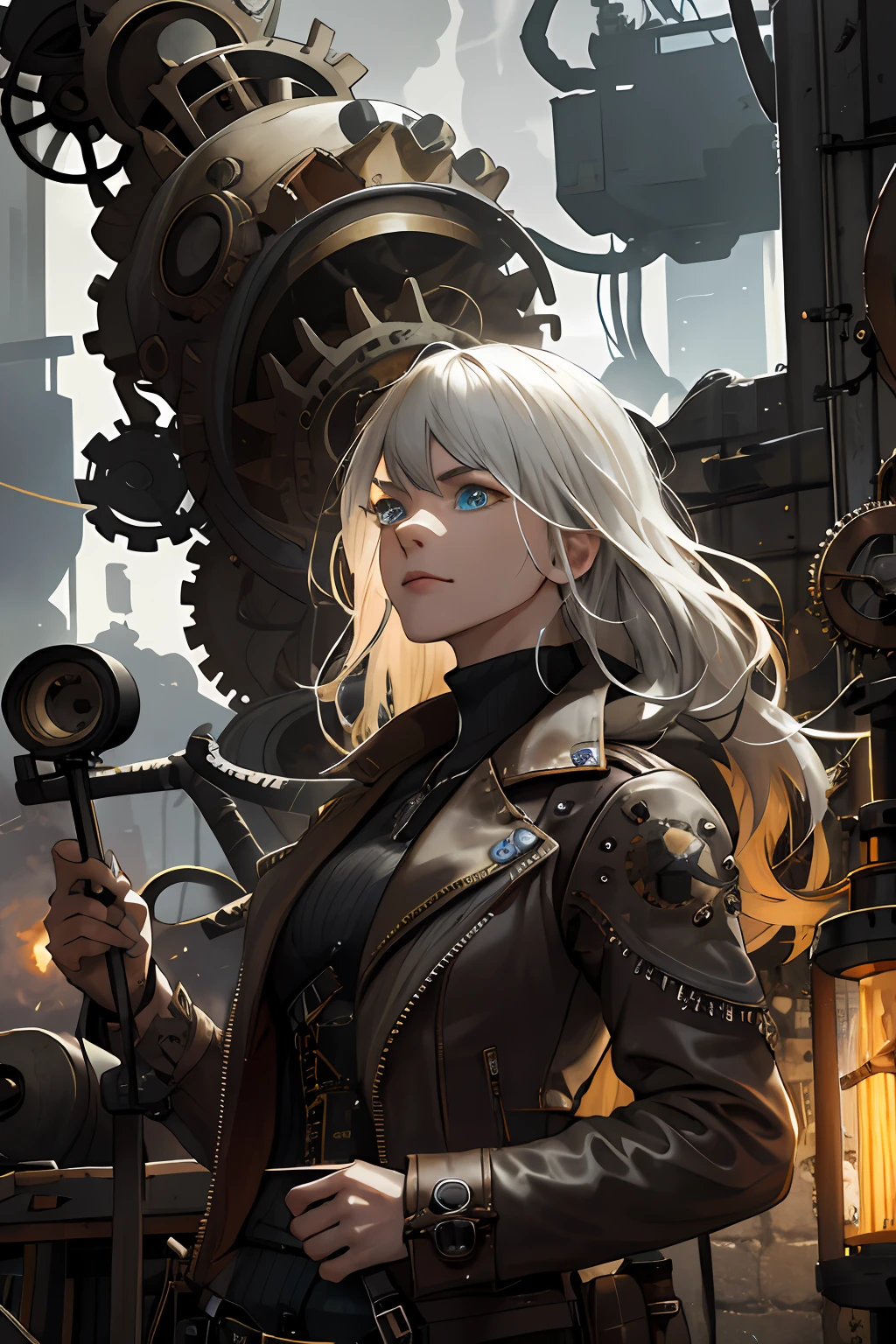(absurdres, highres, ultra detailed), 1woman, mature female, aged up, wavy long hair, split-color hair, heterochromia, bangs, long sleeves, finely detailed eyes and detailed face, extremely detailed CG unity 8k wallpaper, intricate details, (style-rustmagic:0.8), (medieval cyborg:0.8), portrait, (bloody wounds:0.7), looking at viewer, solo, half shot, detailed background, (steampunk theme:1.1) determined expression,  dark couds technomancer, floating lights, color leather vest with gears, techwear,  jetpack,   workshop in background, machines, gears, steam, industry, technology, furnace, grime, anvil,  buttons, levers,  automaton,  electricity, electric sparks epic atmosphere,, portrait