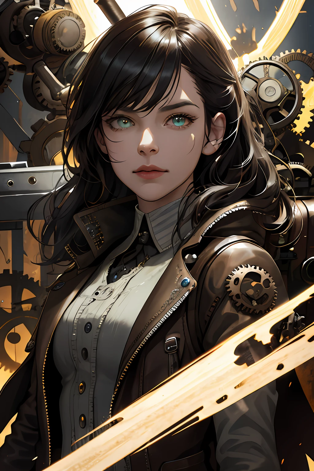 (absurdres, highres, ultra detailed), 1woman, mature female, aged up, wavy long hair, split-color hair, heterochromia, bangs, long sleeves, finely detailed eyes and detailed face, extremely detailed CG unity 8k wallpaper, intricate details, (style-rustmagic:0.8), (medieval cyborg:0.8), portrait, (bloody wounds:0.7), looking at viewer, solo, half shot, detailed background, (steampunk theme:1.1) determined expression,  dark couds technomancer, floating lights, color leather vest with gears, techwear,  jetpack,   workshop in background, machines, gears, steam, industry, technology, furnace, grime, anvil,  buttons, levers,  automaton,  electricity, electric sparks epic atmosphere,, portrait