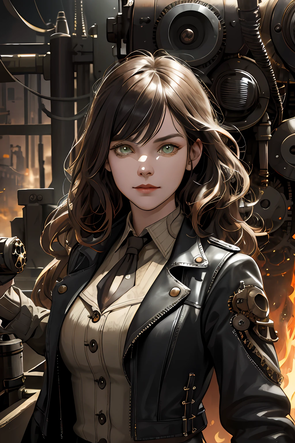 (absurdres, highres, ultra detailed), 1woman, mature female, aged up, wavy long hair, split-color hair, heterochromia, bangs, long sleeves, finely detailed eyes and detailed face, extremely detailed CG unity 8k wallpaper, intricate details, (style-rustmagic:0.8), (medieval cyborg:0.8), portrait, (bloody wounds:0.7), looking at viewer, solo, half shot, detailed background, (steampunk theme:1.1) determined expression, dark couds technomancer, floating lights, color leather vest with gears, techwear, jetpack, workshop in background, machines, gears, steam, industry, technology, furnace, grime, anvil, buttons, levers, automaton, electricity, electric sparks epic atmosphere,, portrait