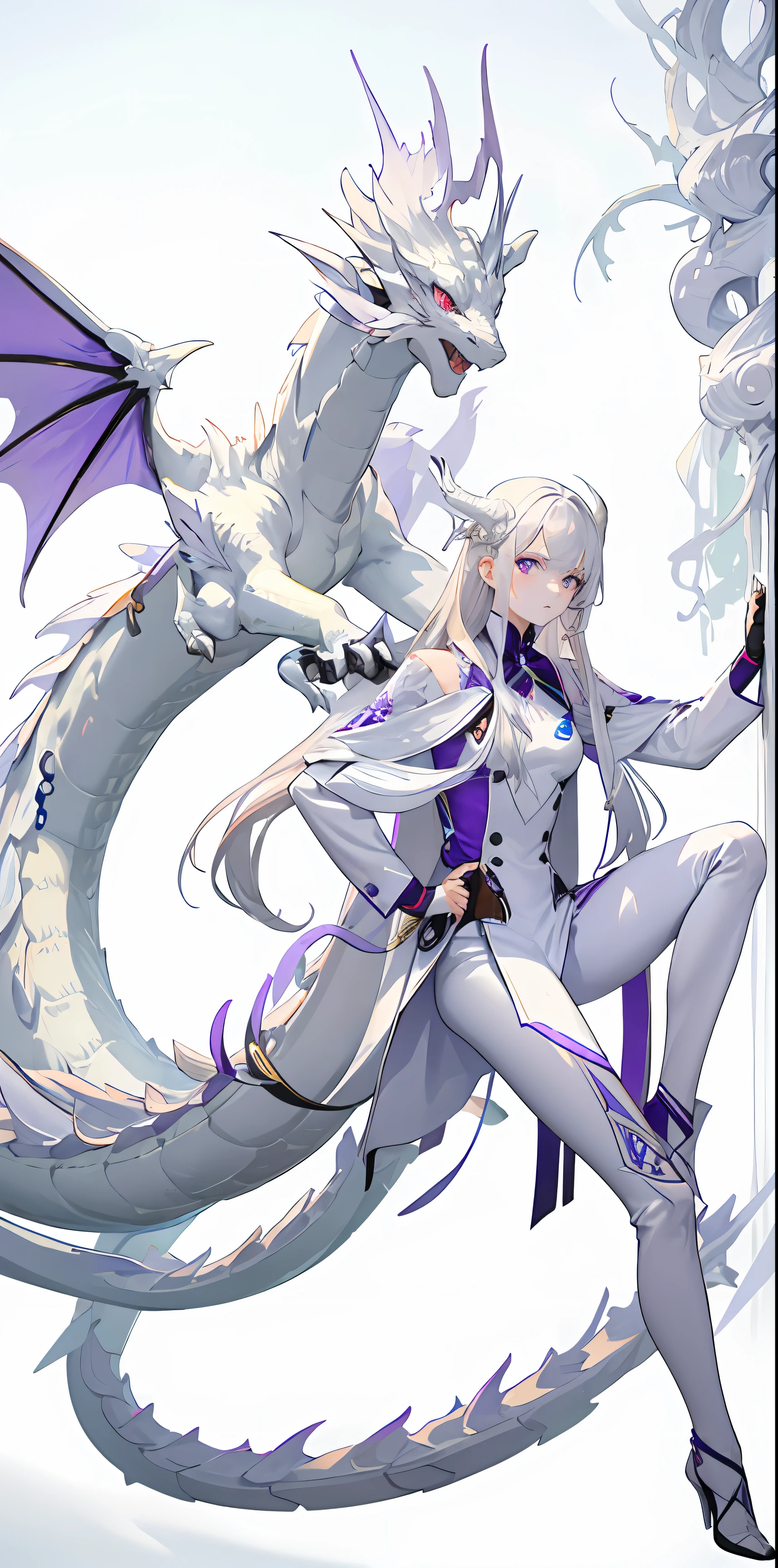 Silver hair, white clothes, white skin, purple eyes, white dragon