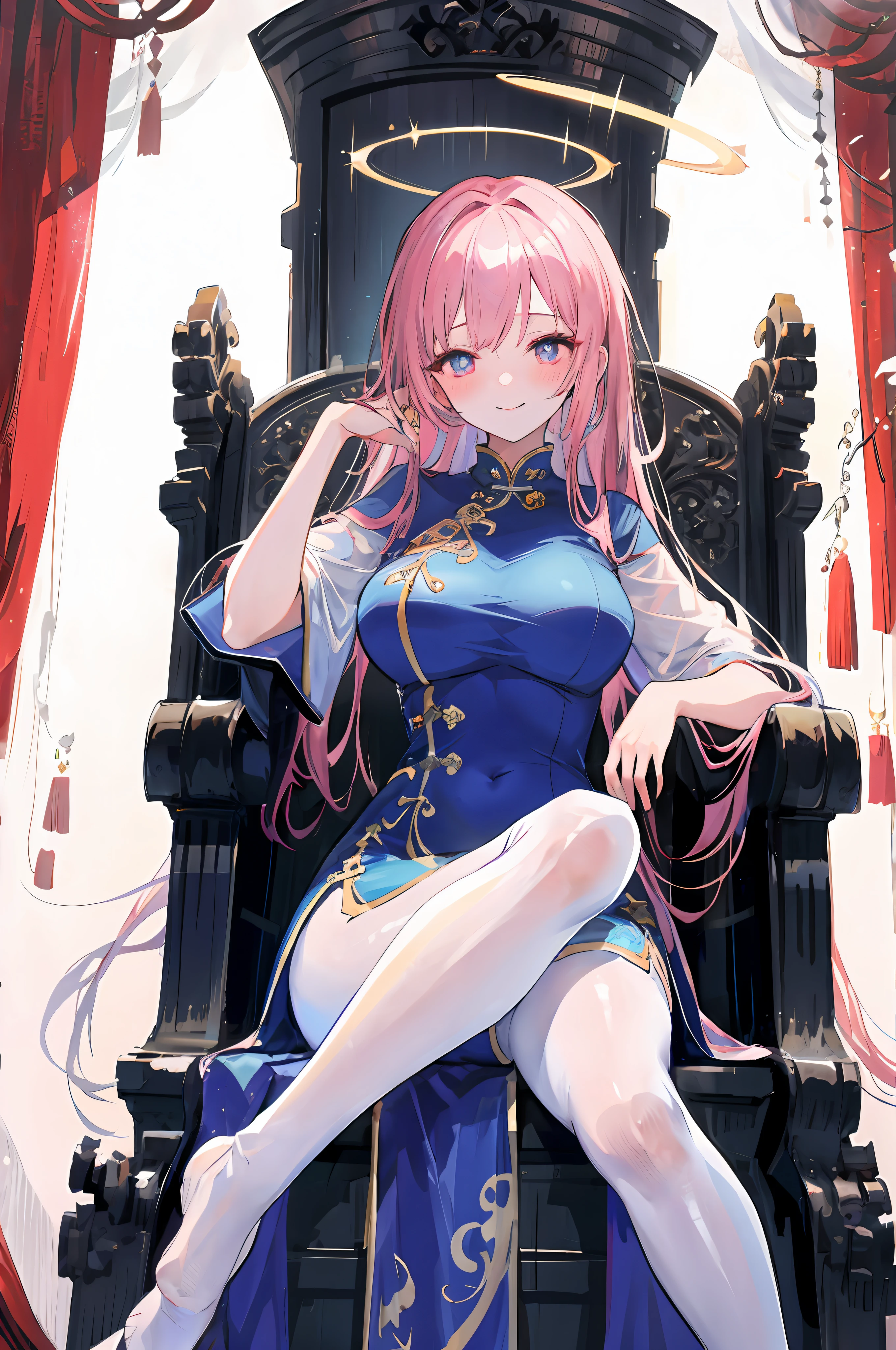 Spread your legs,White stockings girl sitting on black throne with white long-haired anime god,without nose,long leges,Thick legs,White meat stockings,Large breasts,Wear a white close-fitting rubber suit,White cheongsam,Characters take up one-third of the frame,In the background is the wreckage of a huge black clock,Star-shaped pupils, Halo, Seductive smile, full blush, surrealism, High detail, romanticism lain, Ray tracing, Chiaroscuro, Cinematic lighting, Sparkle, god light, stereograms, Wide shot, Heads-up, 135mm, A high resolution, hyper HD, retinas, ccurate, Masterpiece, Anatomically correct, Super detail, High quality, Best quality