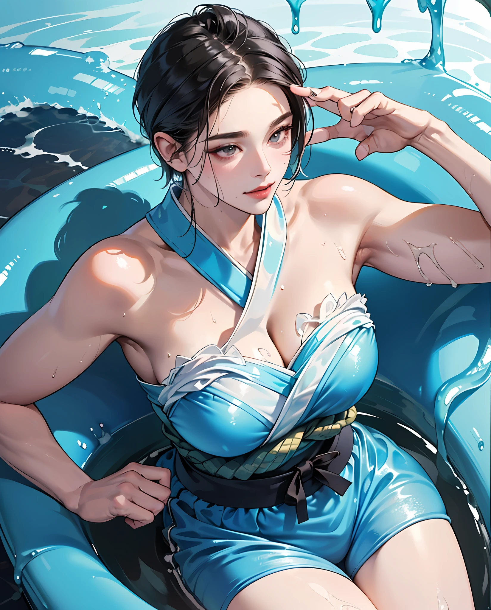 (high quality 8K anime), man head, twink male body, Sweaty and sweaty, Powder blue vapor, Delicate skin, (hermaphrodite, manly short hair, creepy erotic smiling, (Photorealism), masterpiece, best quality, portrait, Perfect underarmpit, fishnet clothing, (Japanese KPOP idol:1.2), (realistic beautiful Asian), close up and soft up to everything, (plump MILF body shape), spot light, super pale skin, dark make up, sharp focus, detailed anatomy, ultra-wonderful face detail, (his deep drippy blue colored melting slime body under the clothes), Large buttocks, 39 years old, a hot wet erotic blue colored slime super idol, mature woman legs line, with a ultra-cute face of a Japanese-Korean-Taiwanese emo young idol, (ultra-detailed eyes), (ultra-detailed skin), (super melting manly short hair style), laying in a bath pool full of blue slime, (drippy melting body), (hyper huge erotic female breasts), super wide wet juicy sexy red lips, soft light, perfect yaoi face, photorealistic, correct fingers, the light is very bright, hypermaximalist style: realistic, photorealism, photography