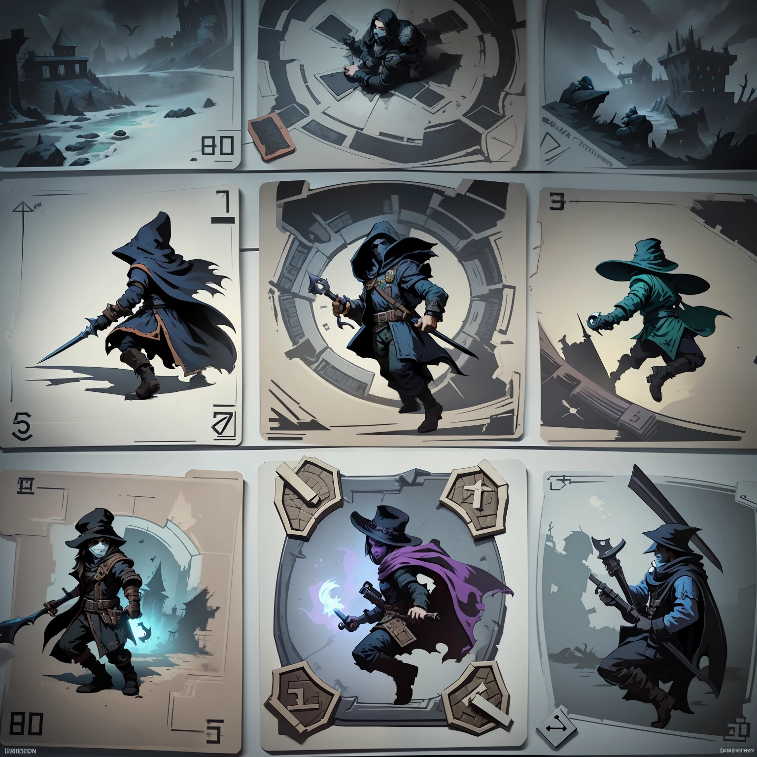 a boardgame game card design, darkest dungeon and final fantasy style themed, white background, front side view, back side view, pixel art, hq