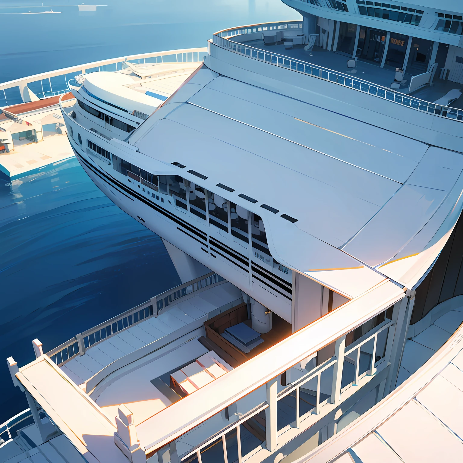 Top-down view,White roof,Roof enclosure,The roof is connected by a fiberglass corridor to the white cruise ship deck,The cruise ship stops on the hillside --auto