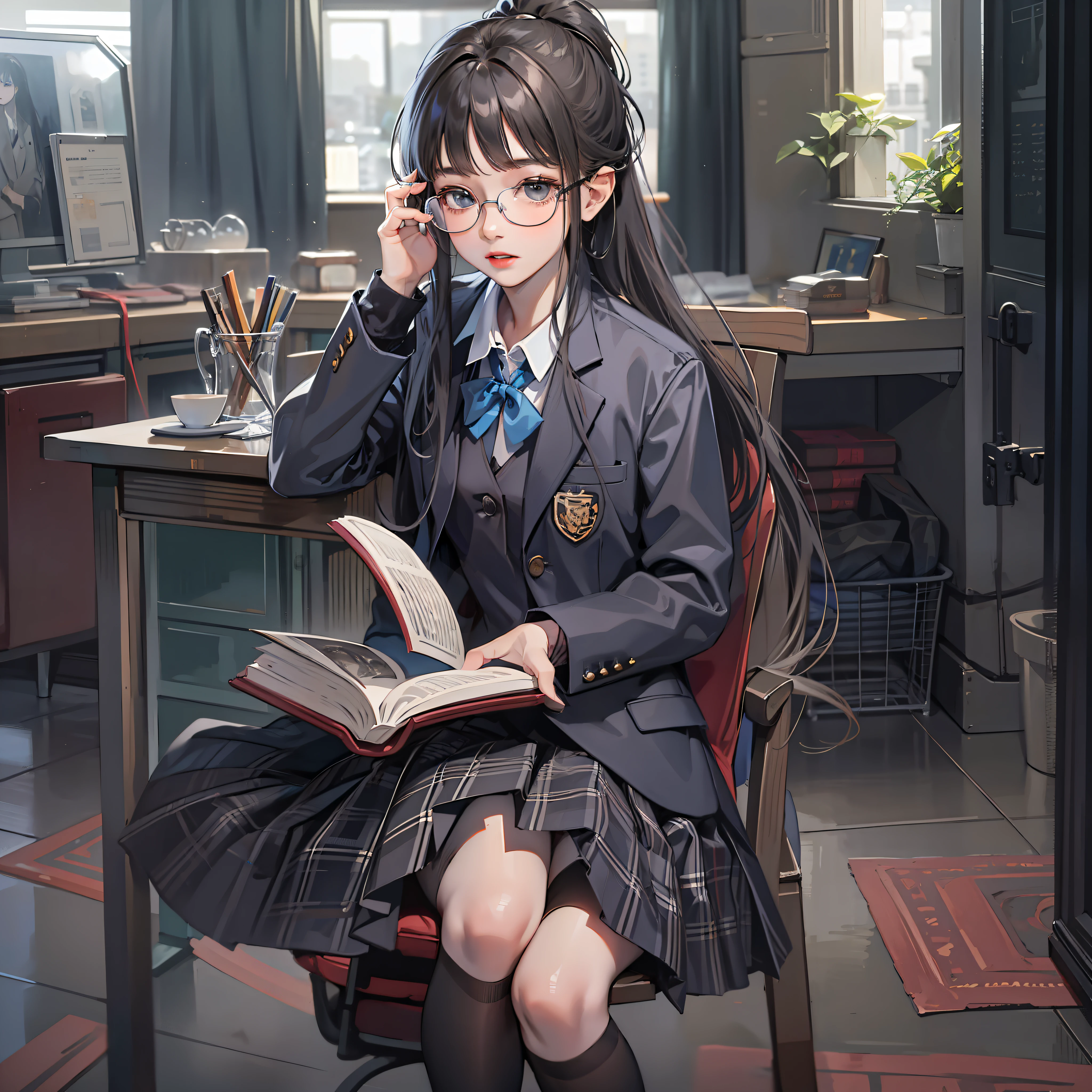 kr-pny, Outrageously long ponytail, Parted bangs, 1girll, school uniform, Dark gray open jacket, Dark gray blazer, Pleated skirt, Plaid skirts, circle glasses, Reading a book, Shy and quiet girl, View the object, Extremely detailed hair, intricately details, Masterpiece, Best quality, Upper body, Realistic,Need,tmasterpiece,16k