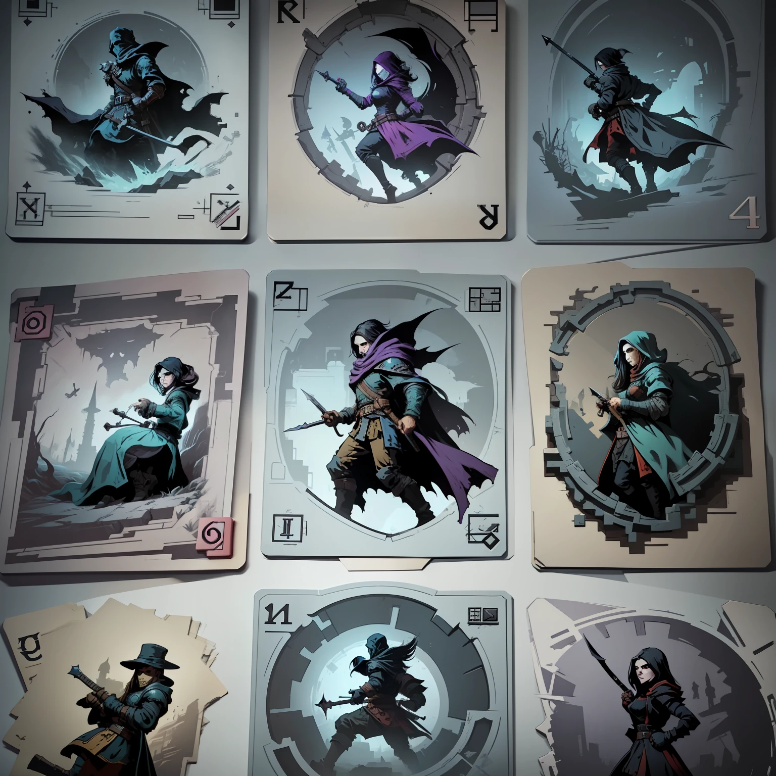a boardgame game card design, darkest dungeon and final fantasy style themed, white background, front side view, back side view, pixel art, hq
