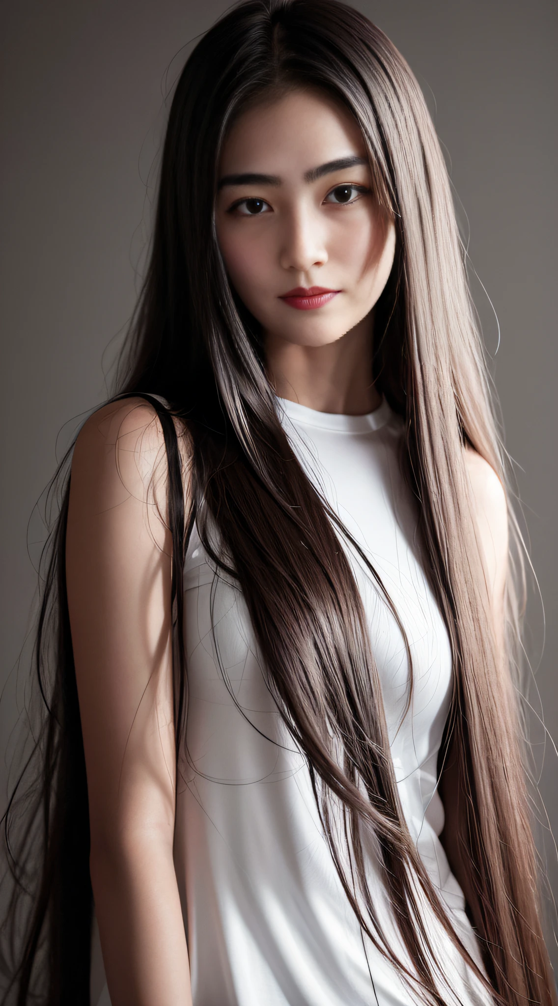 a 16 yo woman,long hair,dark theme, soothing tones, muted colors, high contrast, (natural skin texture, hyperrealism, soft light, sharp),red background,simple background,