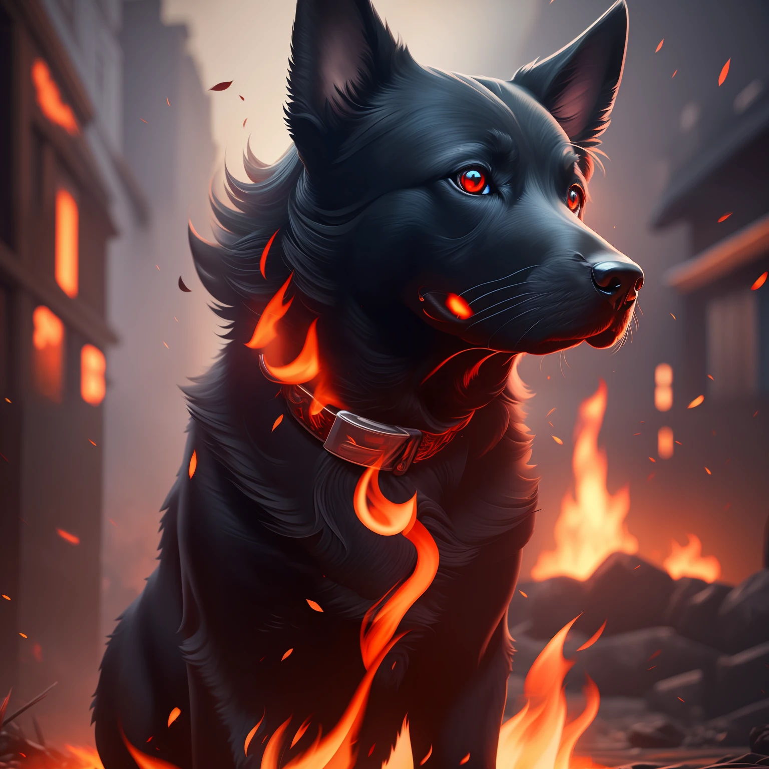 ((masterpiece)), ((ultra detailed)), 4K, RTX, Unreal 5, a black dog, fire, dog on fire, red eyes