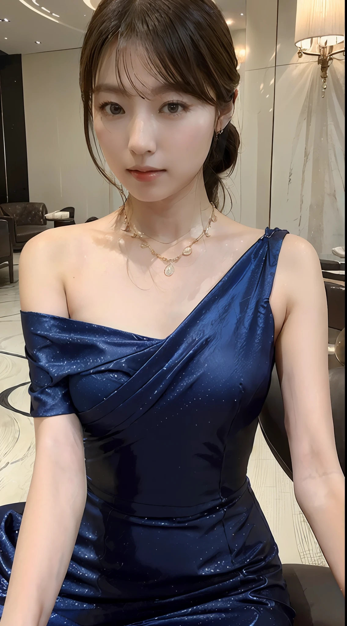 ((top-quality、in 8K、32K、masterpiece、nffsw:1.2))、((Photo of one Japan woman))、((a necklace))、((Luxury hotel lounges))、((Extraordinary beauty))、((beautiful and detailed face))、((Beautiful and detailed mouth))、((Very enchanting))、((small tits))、((Model Figures))、((Floating Novafrog Style))、((shoulder length hair))、((Detailed hair strands))、((Ponytail Arrangement))、((Realistic and detailed skin feeling))、((Luxury and detailed evening dress in deep blue color))、