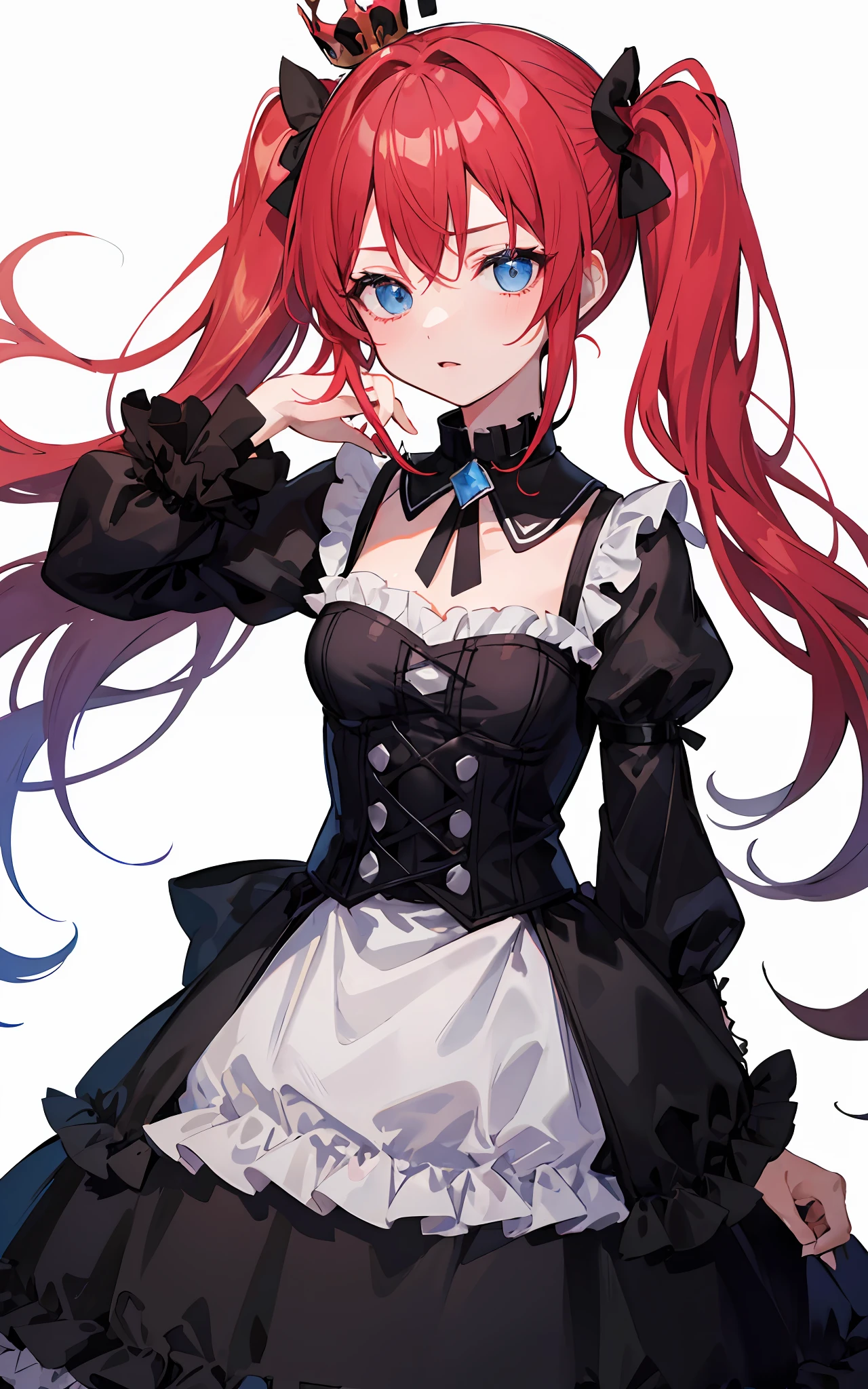 {{best quality}}, {{masterpiece}}, {{ultra-detailed}}, {illustration}, {detailed light}, Red hair, Blue eyes, twintails, Goth ta, Darkgoth, Collar,Crown tiara,pride,solo,lolig hair,