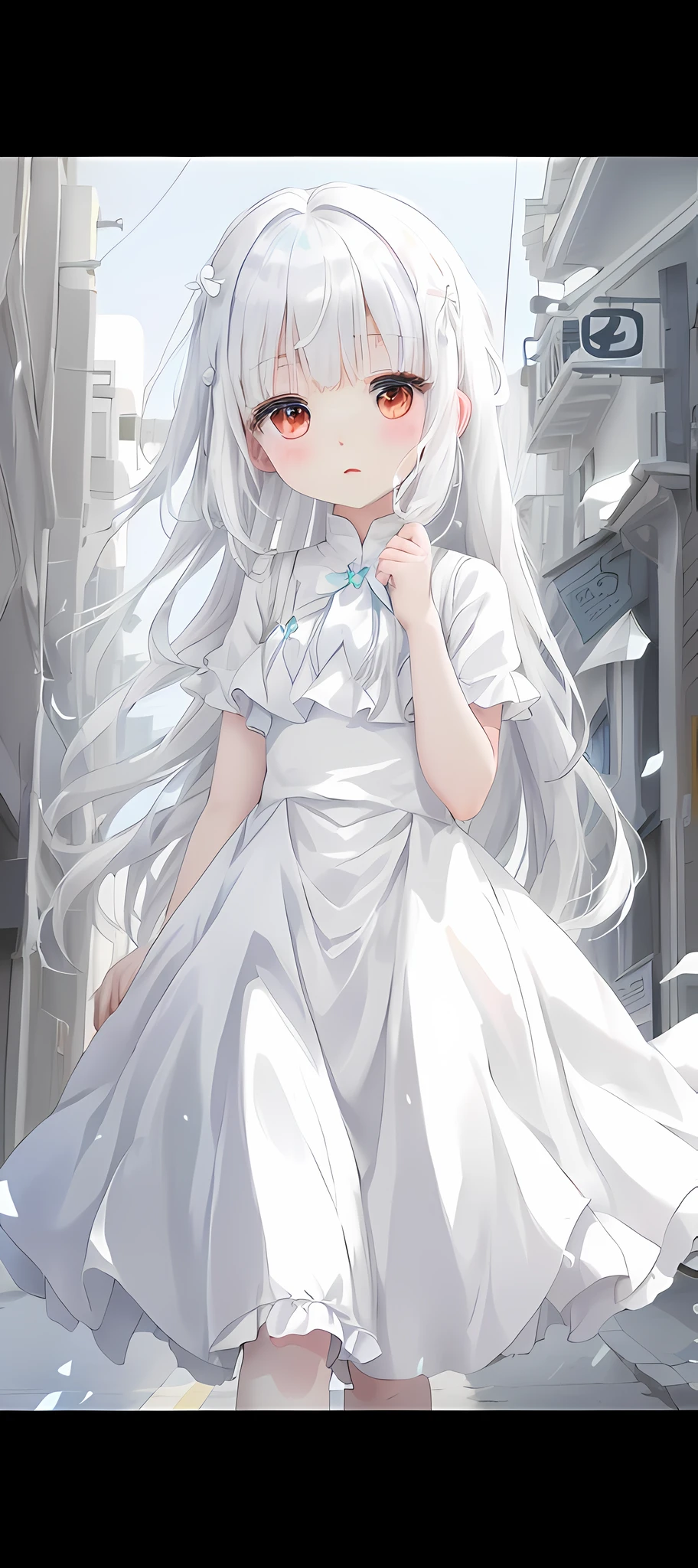 Anime Girl in white dress walking on city streets, loli in dress, White dress!! of silver hair, white-haired god, small curvaceous loli, cute anime waifu in a nice dress, Girl with white hair, Flowing white hair, anime visual of a cute girl, White Cat Girl, white hair floating in air, pale young ghost girl, white haired Cangcang