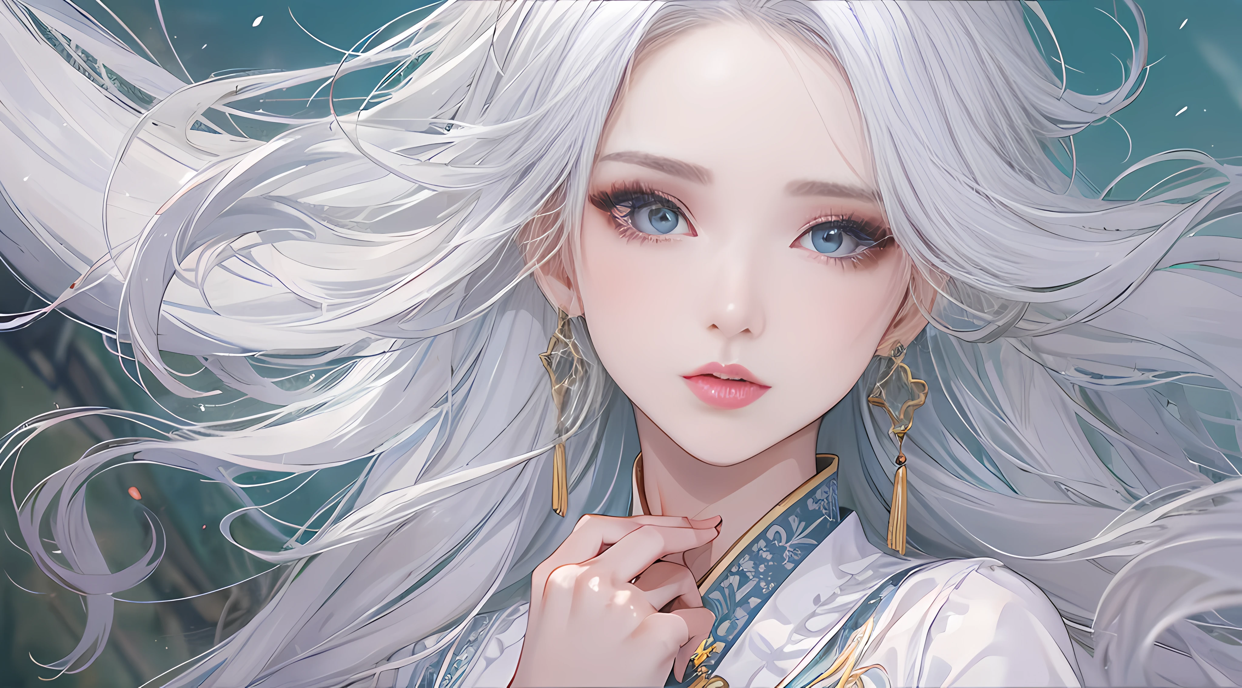 Close-up of a woman with white hair,Belle peinture de personnage,Guviz,Guviz-style artwork,White-haired god,Yang J,Epic and beautiful character art,Stunning character art,FAN Qi,Wu Zhun Shifan,Guvitz at the Pixiv Art Station,there is a woman in a blue dress posing for a picture, photo of slim girl model, sexy look at the camera, Young skinny gravure idol, Japanese model, Gorgeous young Japanese woman, sexy gaze, photo of slim girl, Young sensual gravure idol,cold light,real photograph,whaite hair,best qualtiy, tmasterpiece, 超高分辨率, (realisticlying:1.4),RAW photogr,Retro,huge tit,Old movie filter