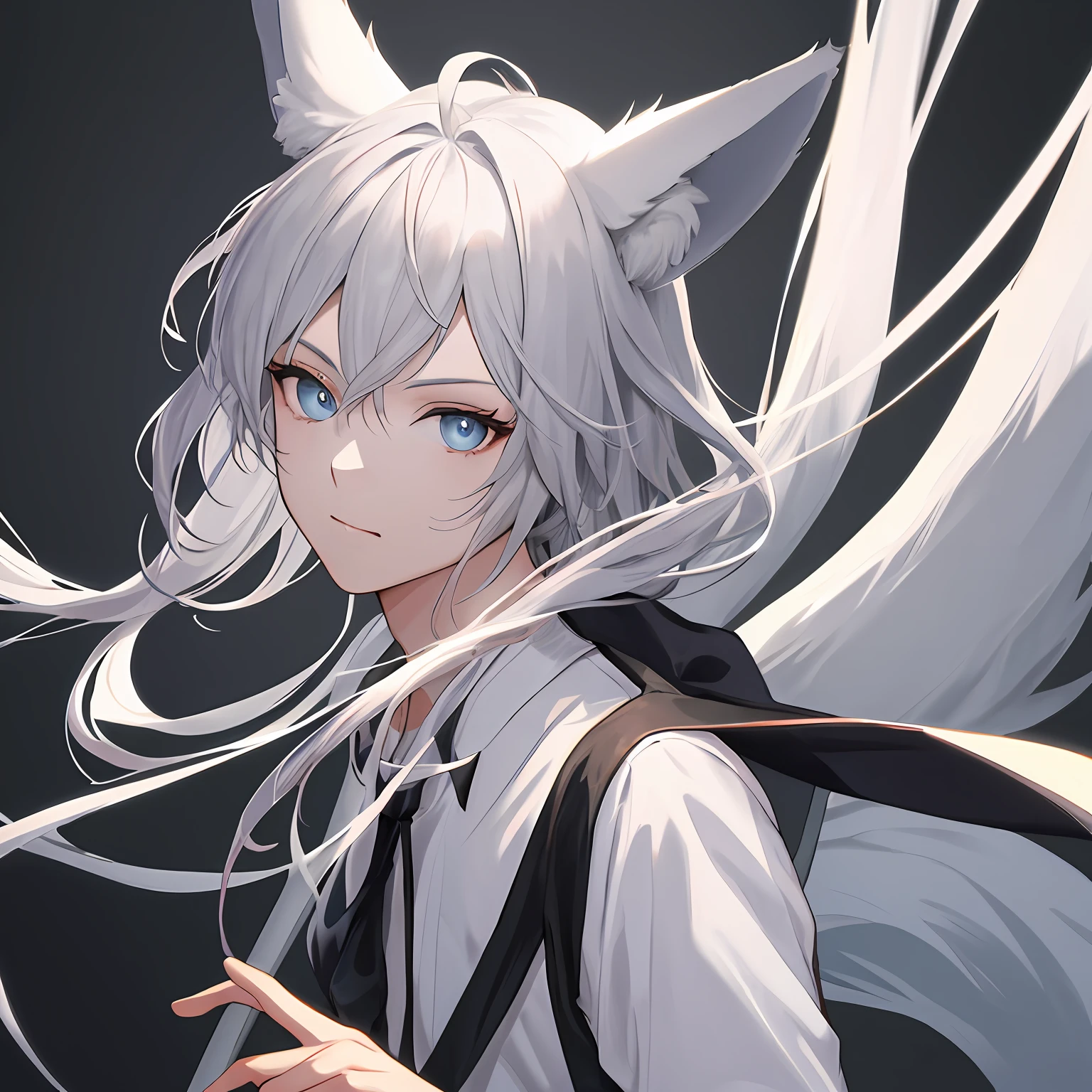 super fine illustration, twinks、Solo Men、fox ears and fox tail, highly detailed beautiful face and eyes, look at viewer, cowboy shot, beautiful silver hair, solo, dynamic angle, white shirt and black tie,No background、Background through