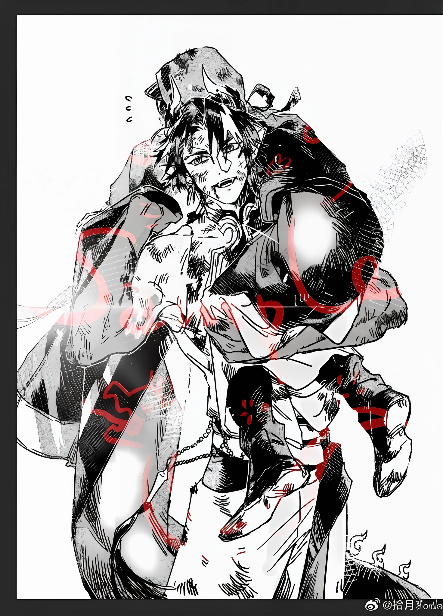 A painting of a man holding a man in his arms, demon slayer artstyle, monochrome artwork!!, highly detailed exquisite fanart, in yoji shinkawa's art style, zerochan, by Kamagurka, author:Kentaro Miura, demon slayer rui fanart, shigenori soejima illustration, zerochan art, handsome guy in demon killer art