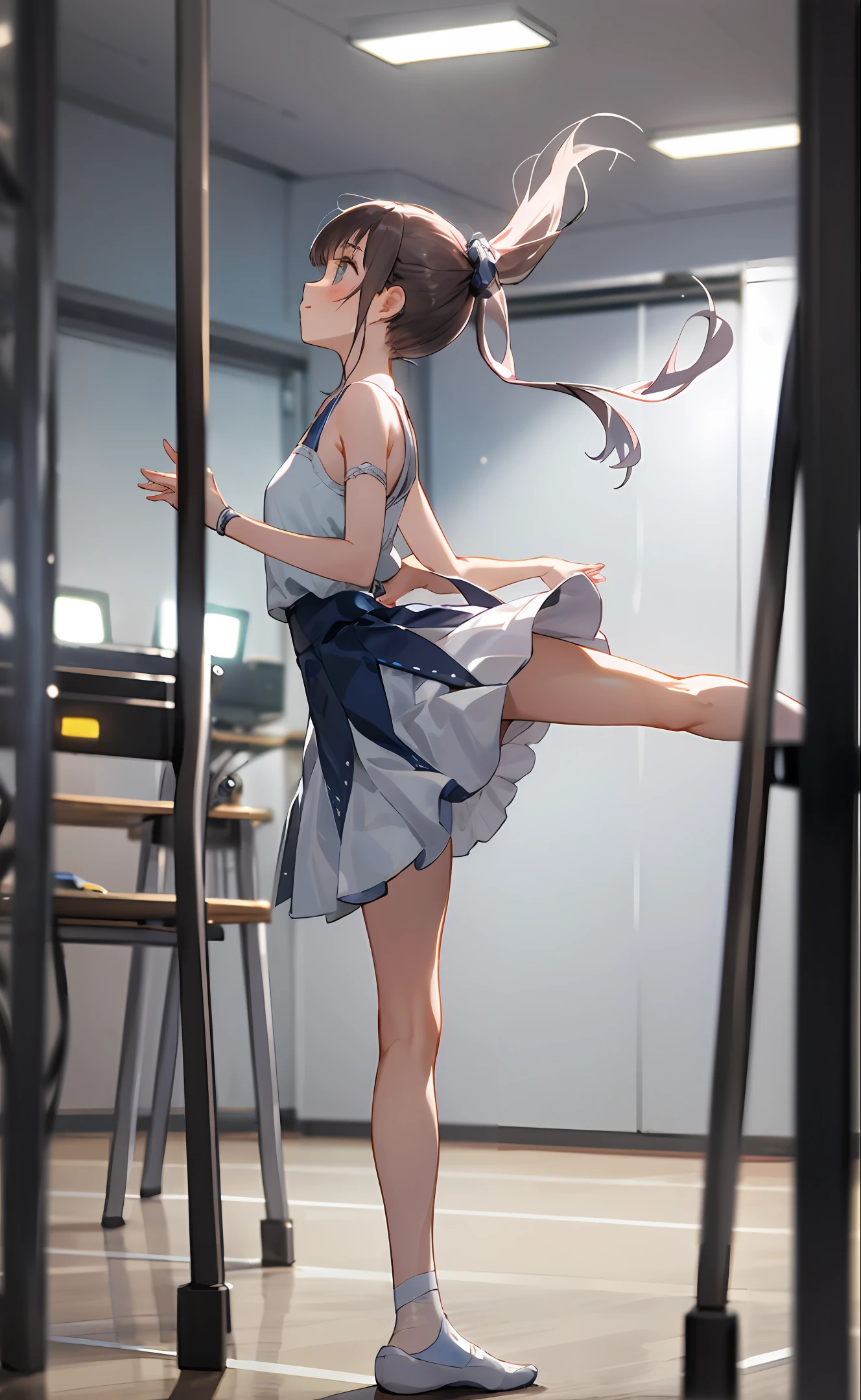 Ponytailed girl in a white ballet standing on one foot in the practice room