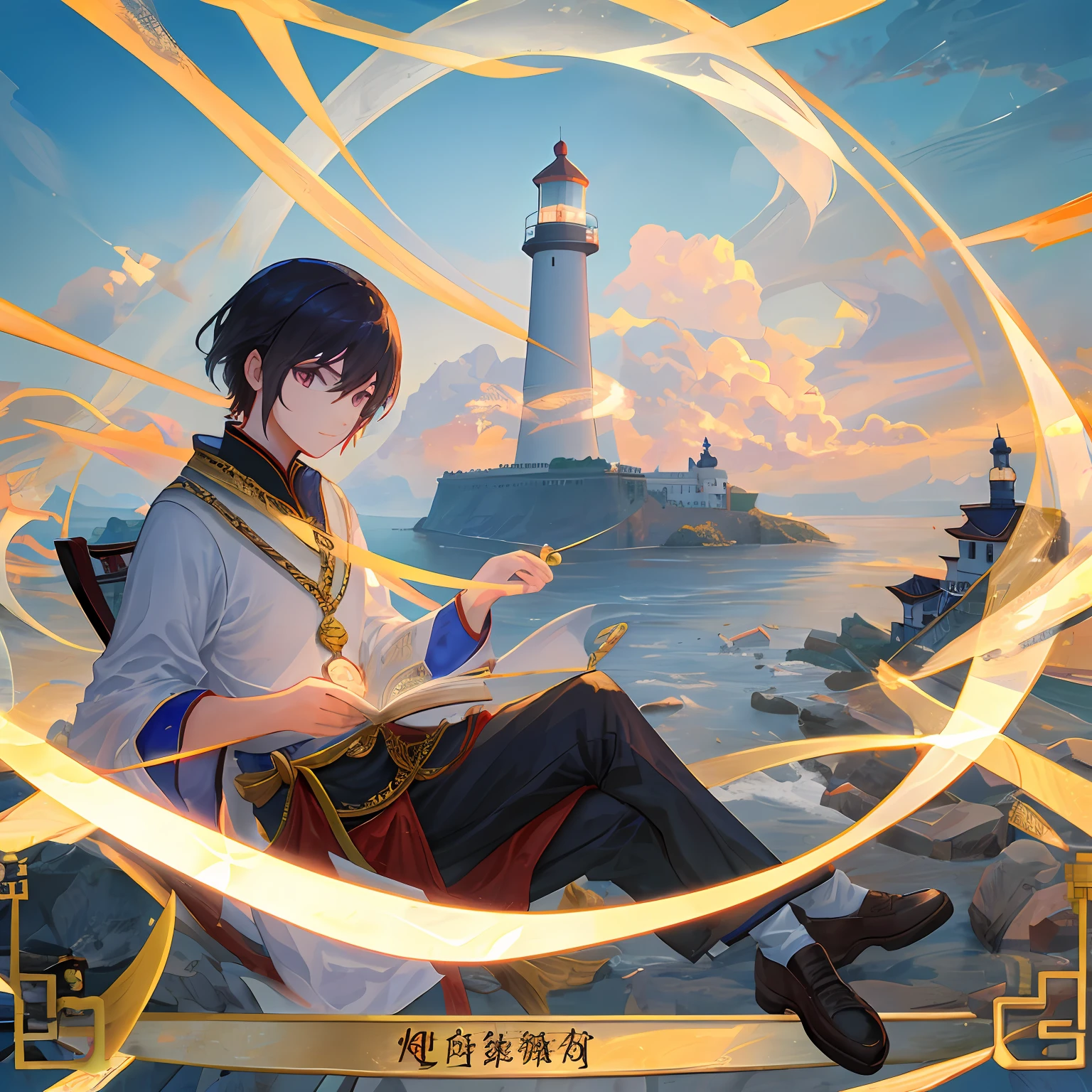 Young people in China,There is a lighthouse behind it,Hold the tarot cards in your hand,A combination of mystery and light,Half-body,Real Human。 --auto