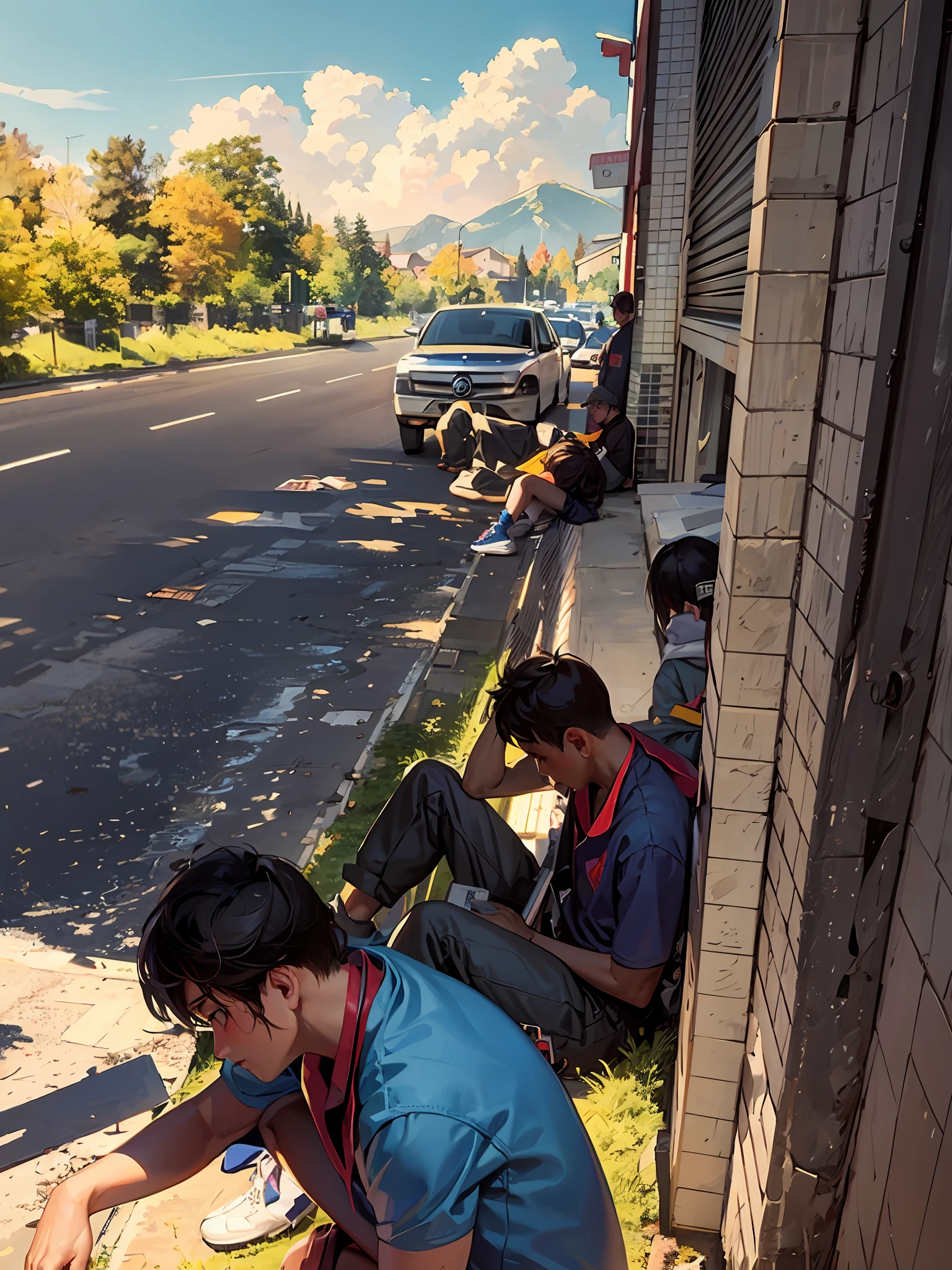 Several people sat on the side of the road next to a building, sat on the ground, they are crouching, shot on iphone, maintenance photo, in front of a garage, taking a smoke break, There are long queues of suspects, BREAK BREAK BREAK, resting after a hard mission, outside, people waiting in bus stop, Workers, competition winning, taken with sony alpha 9