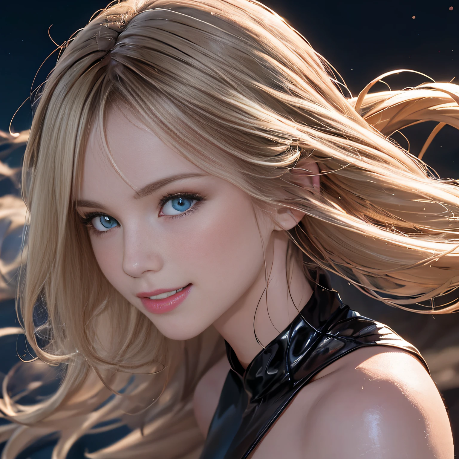 (8K, RAW Photos, of the highest quality, Masterpieces: 1.2), (Realistic, Photorealistic: 1.37), Highest Quality, Ultra High Resolution, light leaks, Dynamic lighting, Slim and smooth skin, (Full body:1.3), (Soft Saturation: 1.6), (Fair skin: 1.2), (Glossy skin: 1.1), Oiled skin, 22 years old, Night, shiny white blonde, Well-formed, Hair fluttering in the wind, Close-up shot of face only, Physically Based Rendering, From multiple angles, A big smile
