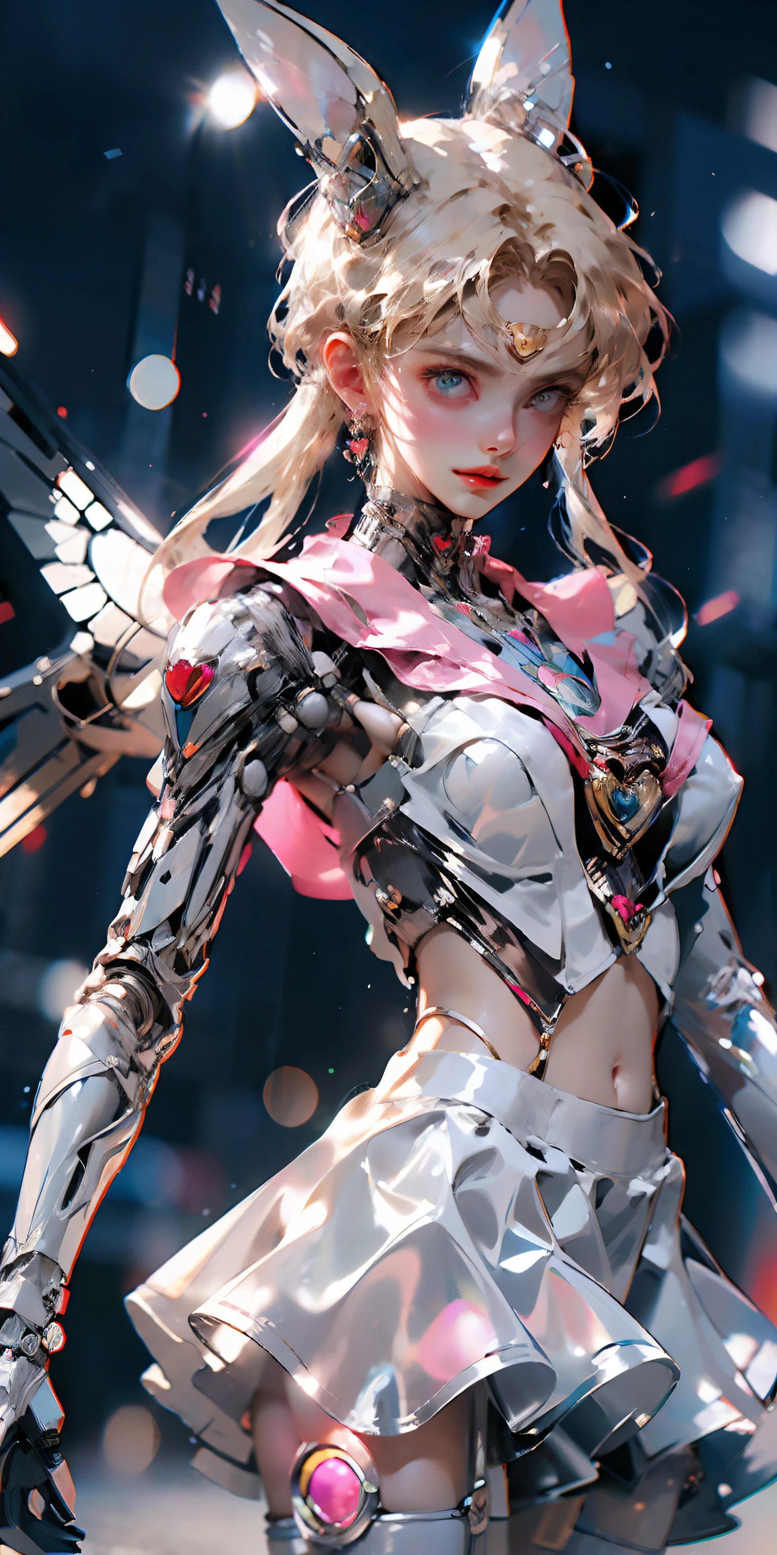 1 mechanical girl: 1.4, Sailor Moon, white mechanical arm, humanoid body, pink sailor suit, good-looking face, sailor Moon, moon hare, rabbit ears, mechanical ears, white blouse, blonde hair, mechanical arm, pink skirt, side, heart-shaped robot in the background, sci-fi background, complex background, hair glowing hair, forehead hair light, moon, panorama, mechanical wings, large wings in the background