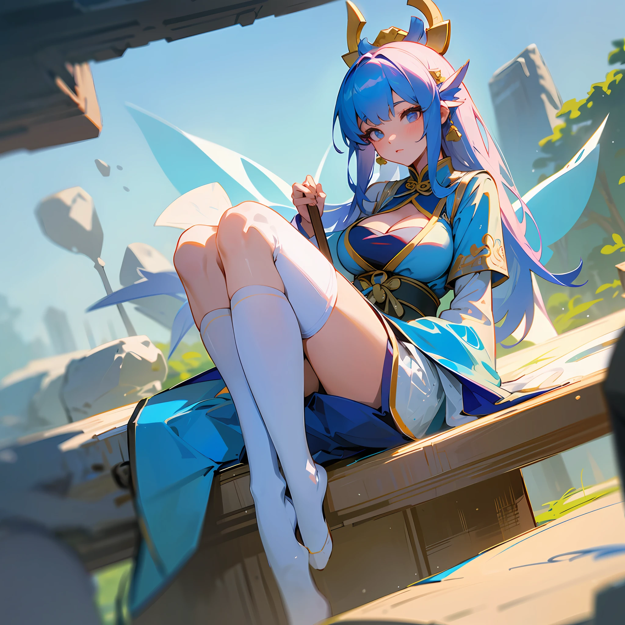 The fairy lies on the stone table，chinese ancient costume，huge tit， Sit with your knees bent and your legs folded，(JK school uniform)，(white stockings)，(Masterpiece:1.1), (Best quality:1.1), [Blue:Pink:0.5]，(Look up),dynamic angle,Super meticulous,illustratio,closeup cleavage,Looking directly at