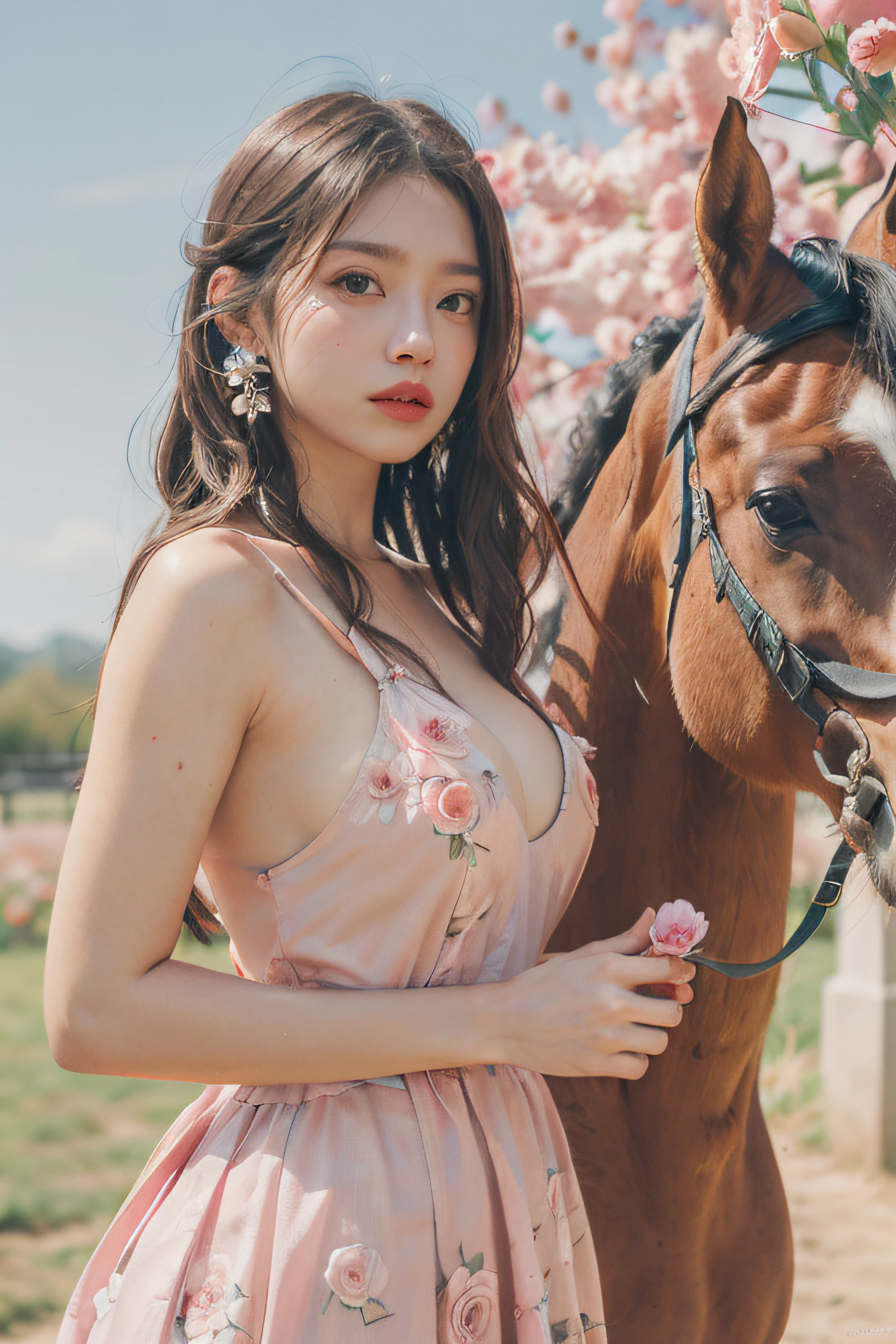 1girl, flower, horse, headdress made of flowers,dress, full of flower,brown hair, realistic, solo, rose, earrings, jewelry, long