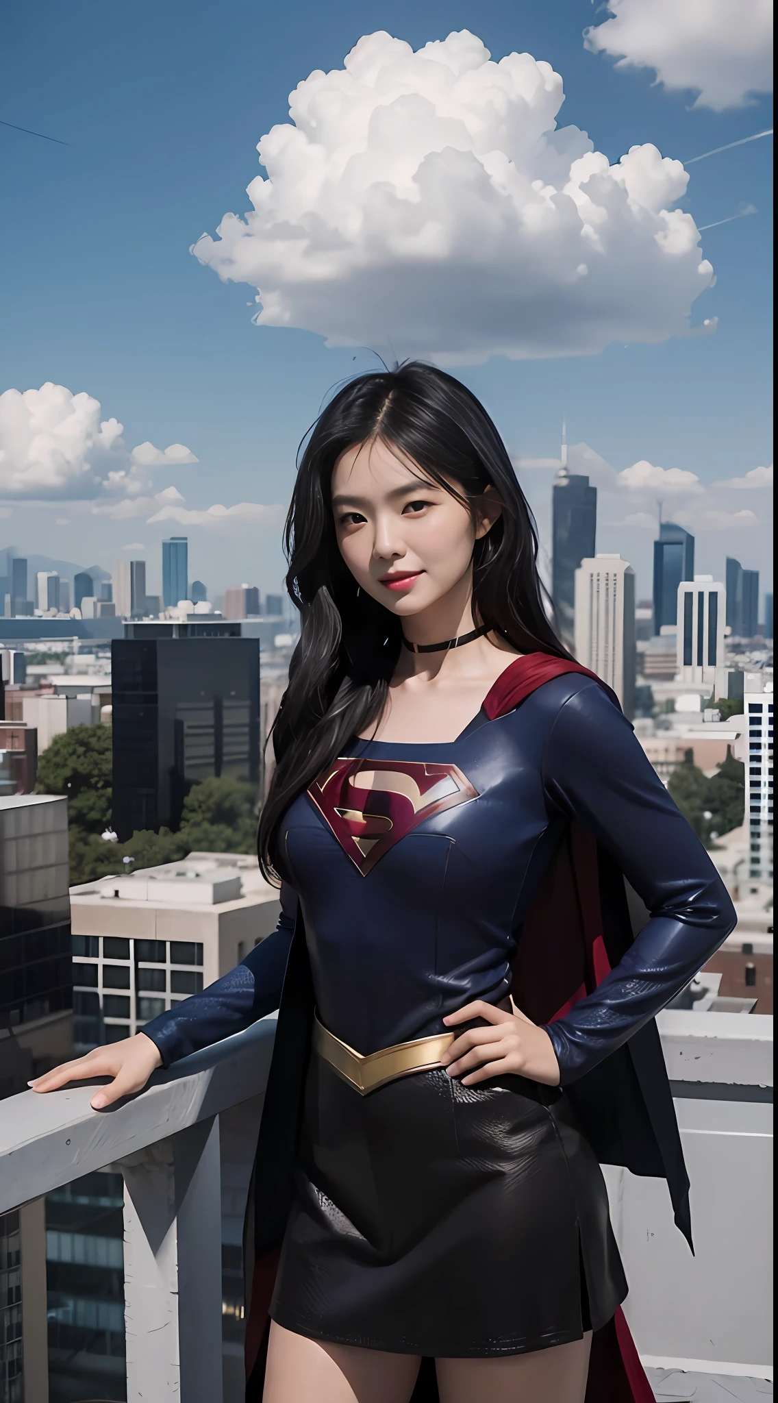 Supergirl,black color hair,a asian beauty,Detailed depictions of faces,ssmile,Standing on top of tall buildings,(Three-quarters photo close-up:1.3),with blue sky and white clouds,Outdoor photography,cinmatic lighting,volumettic light,best qualityer,Extremely fine,infinite details,photograph of-realistic,HighestQuali,tmasterpiece,octaneratingrendering,8K,hyper HD