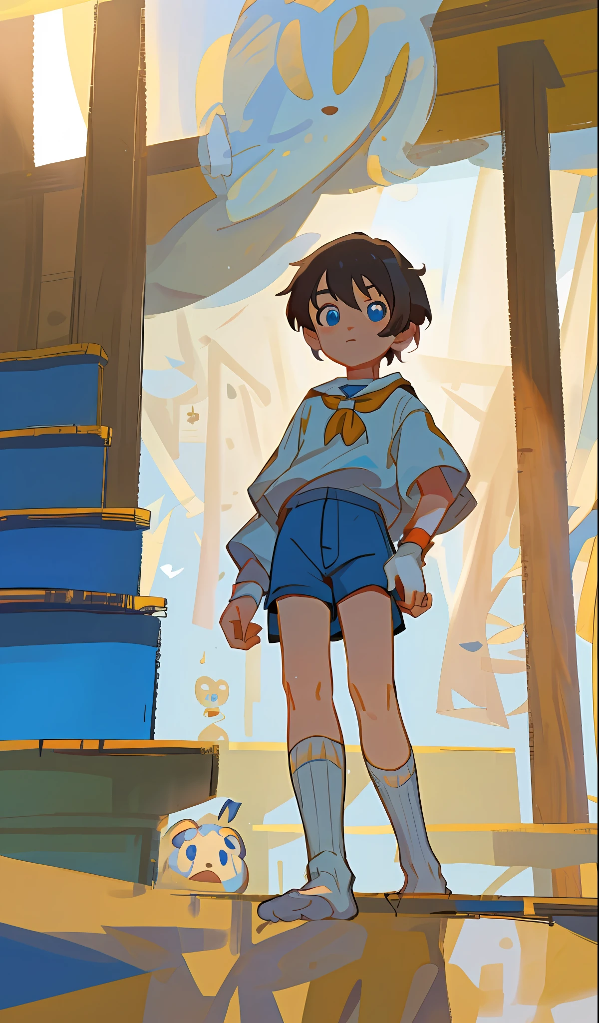 (absurdres, highres, ultra detailed),((masterpiece)), ((best quality:1.1)), High Resolution, 8k,1boy, (crotch bulge:1.1), shaded face, (white crew socks:1.1), (white ribbed socks:1.2), no-show socks, invisible socks, toes under socks, shorts,seamless socks, (puffy, (from below:1.1), blue eyes, looking at viewer, short hair, facial, hand on knee, athlete, seat on school staircase steps,anime style, indoors, look