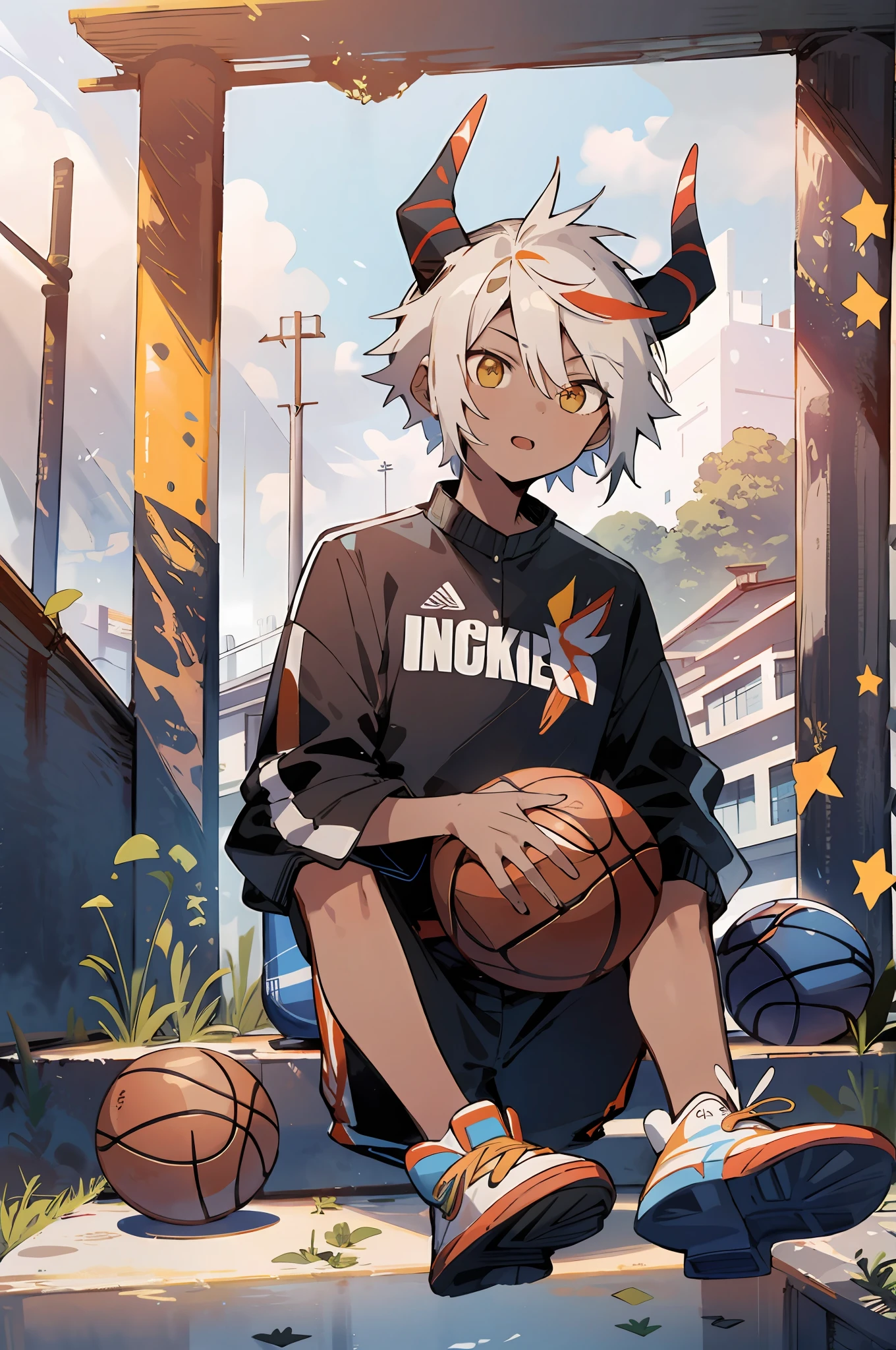 Absurd, high resolution, super detailed, official art, unified 8k wallpaper, super detailed, beautiful and aesthetic, Obra-prima, best quality, short white hair, dark skin, horns on the head, cute handsome boy, wearing basketball shirt, sports field, sneakers, sitting on the ground