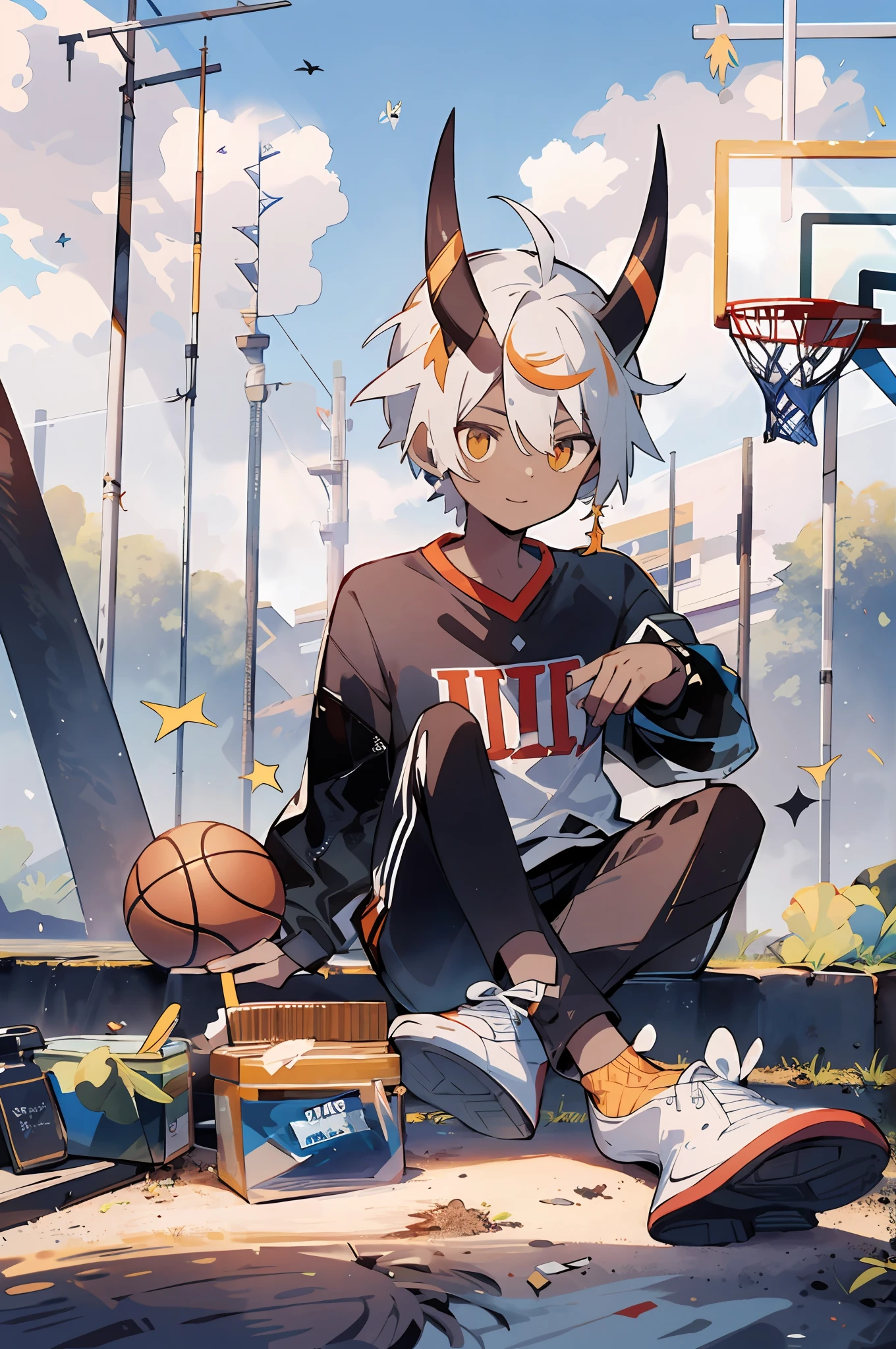 Absurd, high resolution, super detailed, official art, unified 8k wallpaper, super detailed, beautiful and aesthetic, Obra-prima, best quality, short white hair, dark skin, horns on the head, cute handsome boy, wearing basketball shirt, sports field, sneakers, sitting on the ground