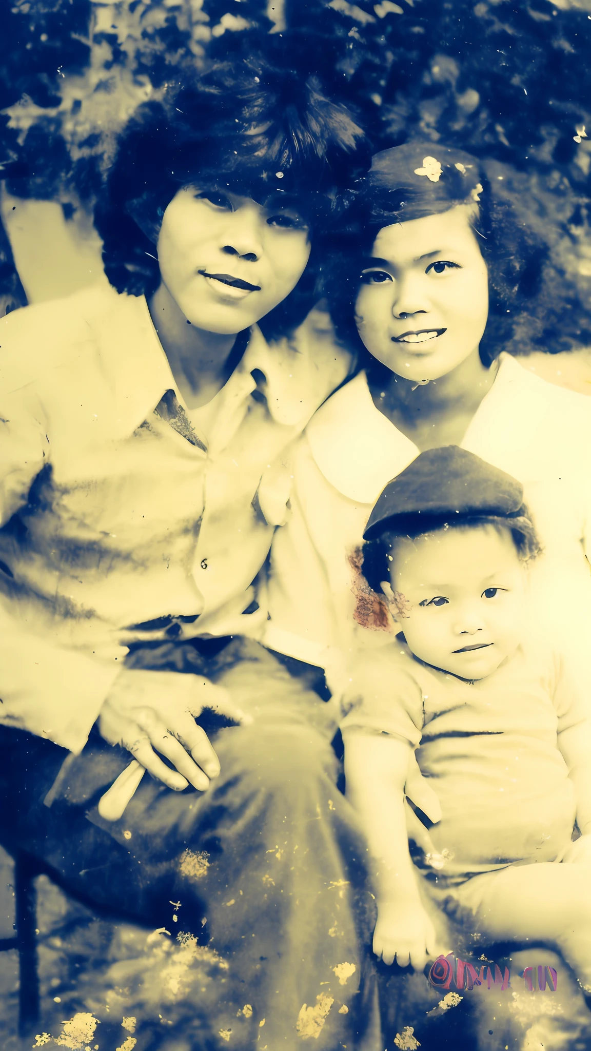 there is a man and woman sitting with a baby in a chair, momma and papa, old style photo, old photo, old picture, grainy vintage, an indonesian family portrait, grainy damaged photo, realistic old photo, old photo style, happy family, old photograph, old color photo, old photography, very old photo, colored photo, old color photograph