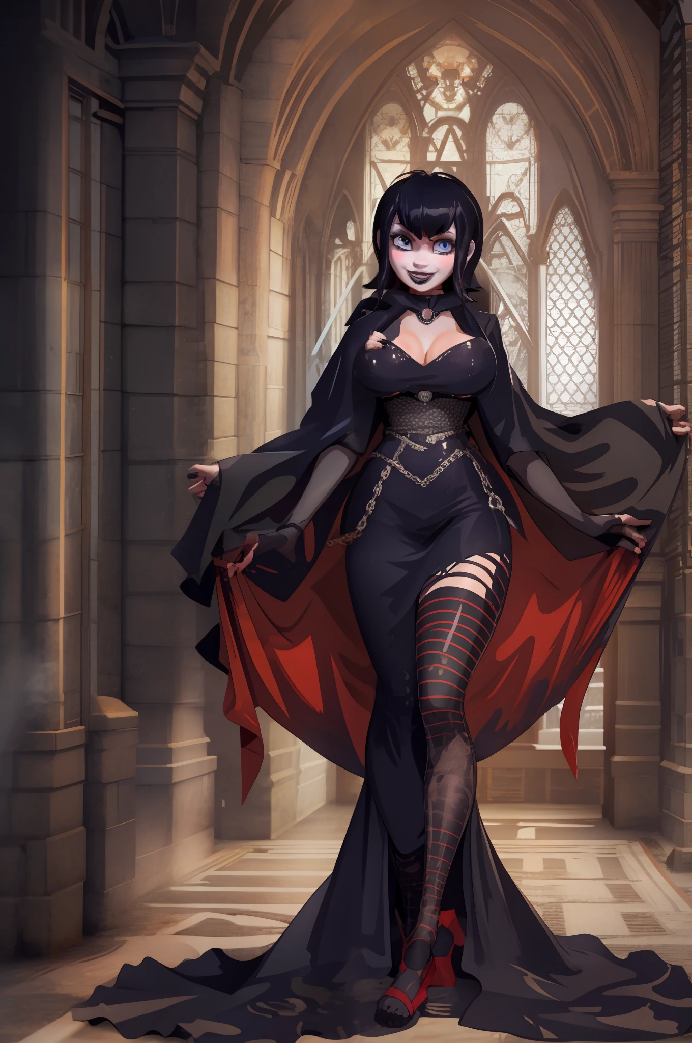 Mavis_dracula, full body, pantyhose, huge breast, pants, goth, long dress, black hair, flip flips, smile, long robe, skirt, victorian clothing, gloves, black lips