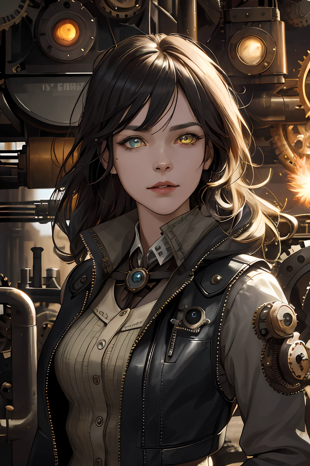 (absurdres, highres, ultra detailed), 1woman, mature female, aged up, wavy long hair, split-color hair, heterochromia, bangs, long sleeves, finely detailed eyes and detailed face, extremely detailed CG unity 8k wallpaper, intricate details, (style-rustmagic:0.8), (medieval cyborg:0.8), portrait, (bloody wounds:0.7), looking at viewer, solo, half shot, detailed background, (steampunk theme:1.1) determined expression,  dark couds technomancer, floating lights, color leather vest with gears, techwear,  jetpack,   workshop in background, machines, gears, steam, industry, technology, furnace, grime, anvil,  buttons, levers,  automaton,  electricity, electric sparks epic atmosphere,, portrait