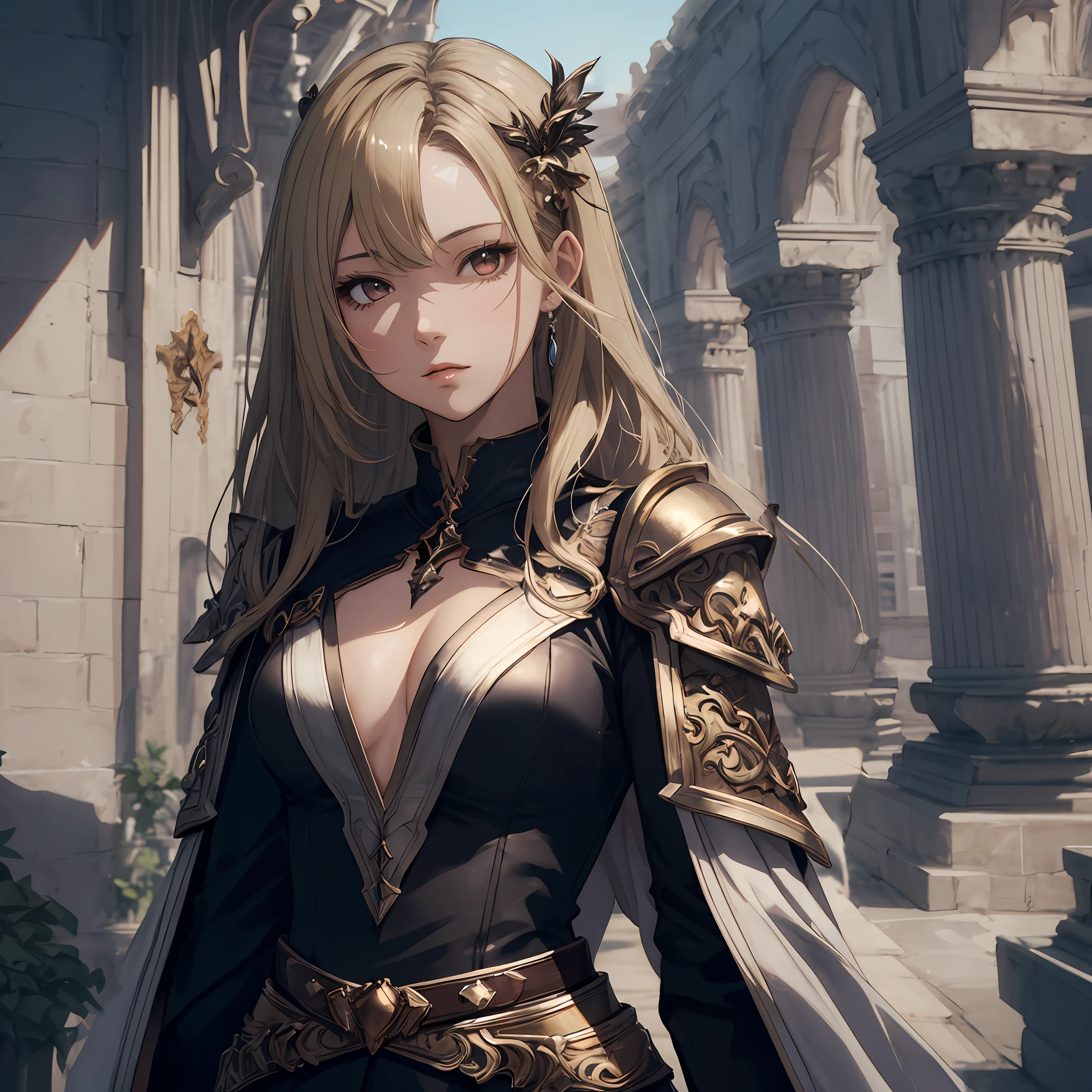 masterpiece, best quality, 1girl, ager, female focus, solo, blonde hair, long hair, vibrant brown eyes, looking at viewer, High quality metal texture, closed mouth, bangs, high collar,(kbxll:0.6), Fantasy aesthetics, Highly detailed, shadowverse style, white noble outfit