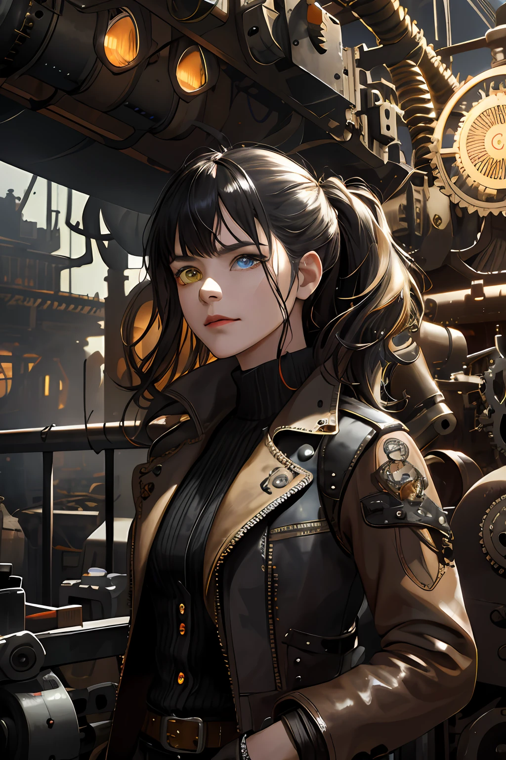 (absurdres, highres, ultra detailed), 1woman, mature female, aged up, wavy long hair, split-color hair, heterochromia, bangs, long sleeves, finely detailed eyes and detailed face, extremely detailed CG unity 8k wallpaper, intricate details, (style-rustmagic:0.8), (medieval cyborg:0.8), portrait, (bloody wounds:0.7), looking at viewer, solo, half shot, detailed background, (steampunk theme:1.1) determined expression, dark couds technomancer, floating lights, color leather vest with gears, techwear, jetpack, workshop in background, machines, gears, steam, industry, technology, furnace, grime, anvil, buttons, levers, automaton, electricity, electric sparks epic atmosphere,, portrait