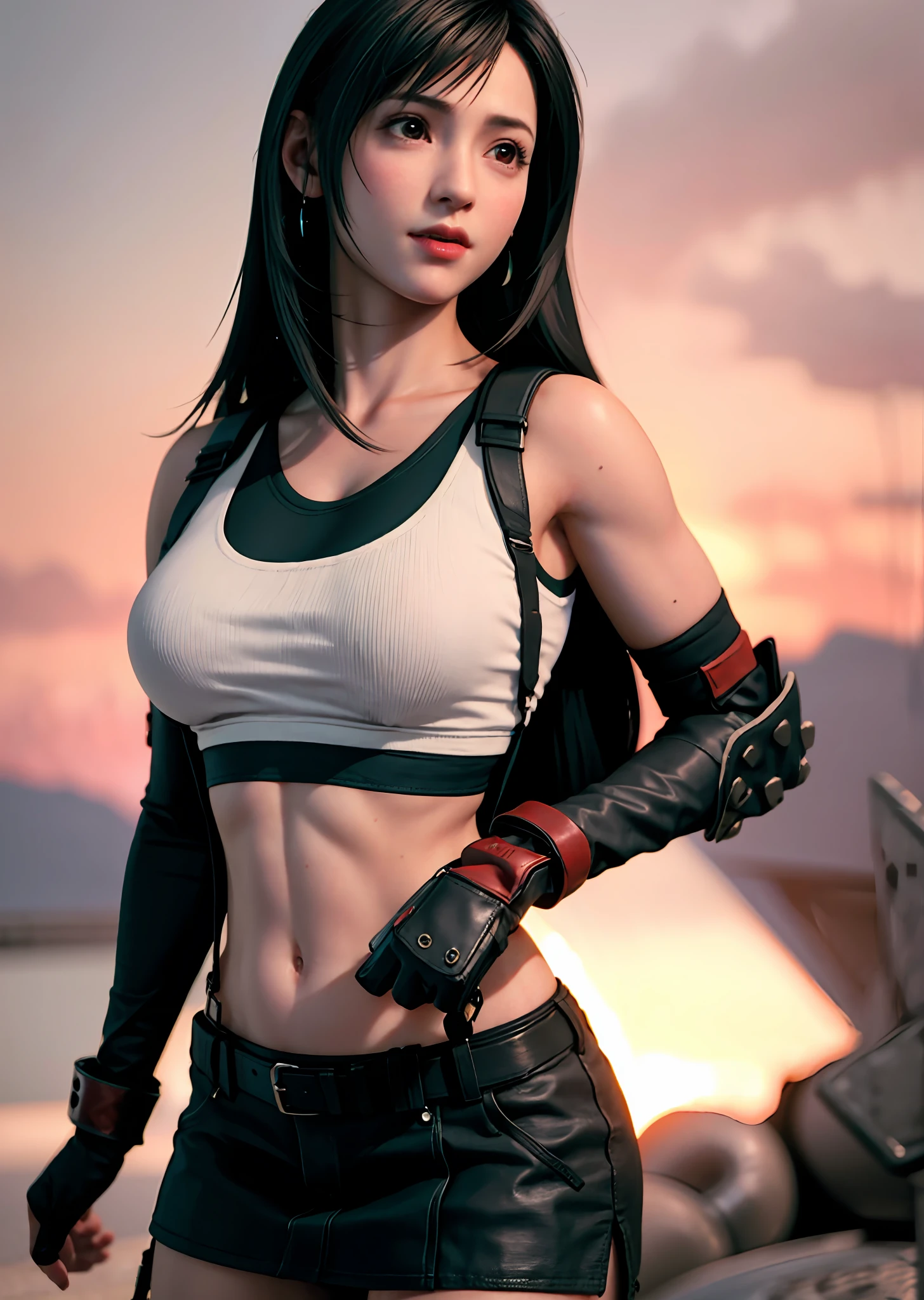 (Photorealistic: 1.4), Top Quality, very delicate and beautiful, High Resolution, 1girl, tifa_lockhart, Smile, Cowboy shot, Suspenders, Low Rise, mini skirt, t shirt, Tense shirt, black hair, Long hair, elbow gloves, Beautiful detailed red eyes, Face light, movie lighting, bellybutton, High exposure, Effects on the abdominal cavity, ribs, Abs, ( giant breast: 1.2), Dynamic poses, Dynamic Angles,