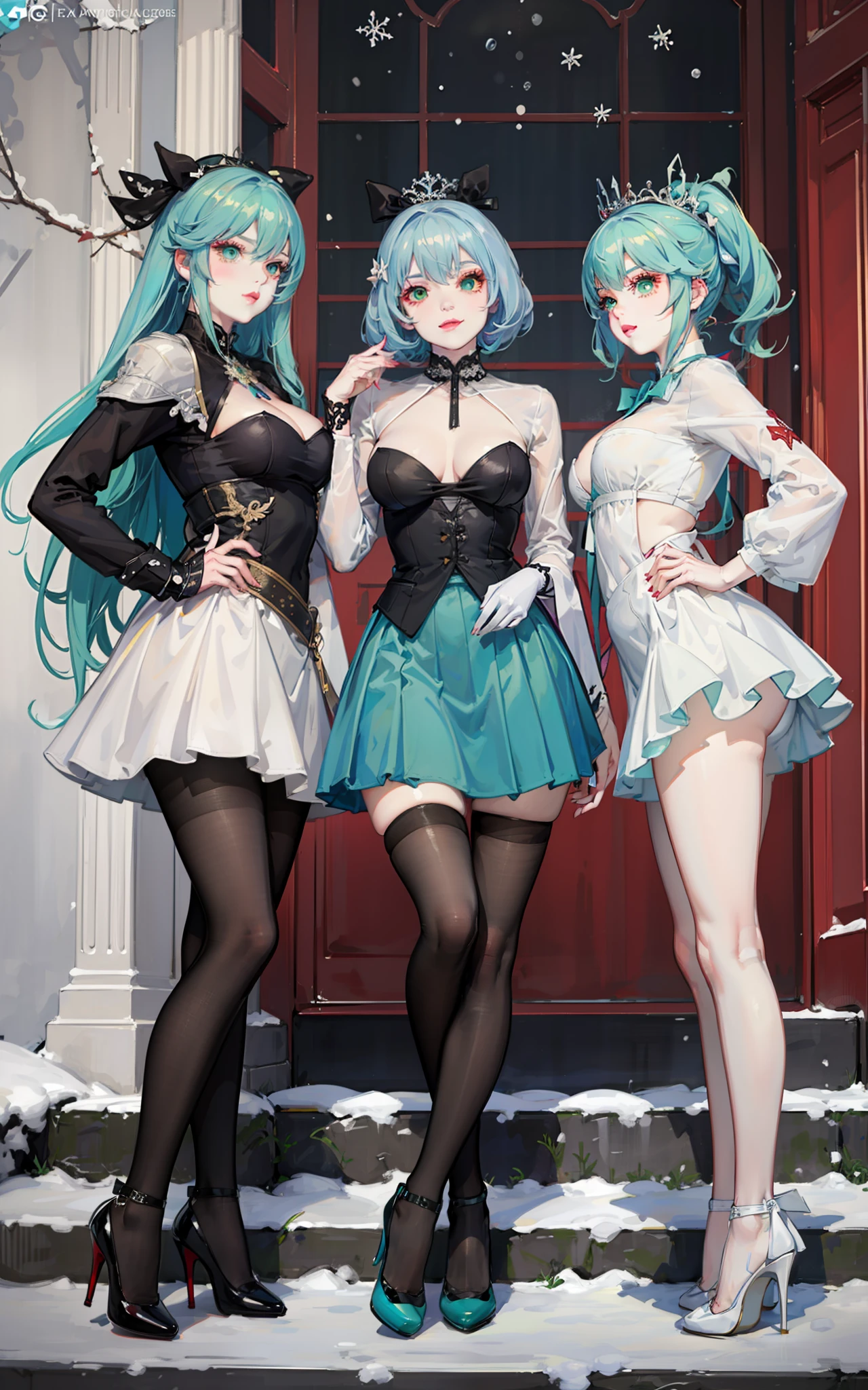 cyan colors,Green skirt,brassier,Snow-white big breasts,Green eyes high heels for three people,Beautuful Women