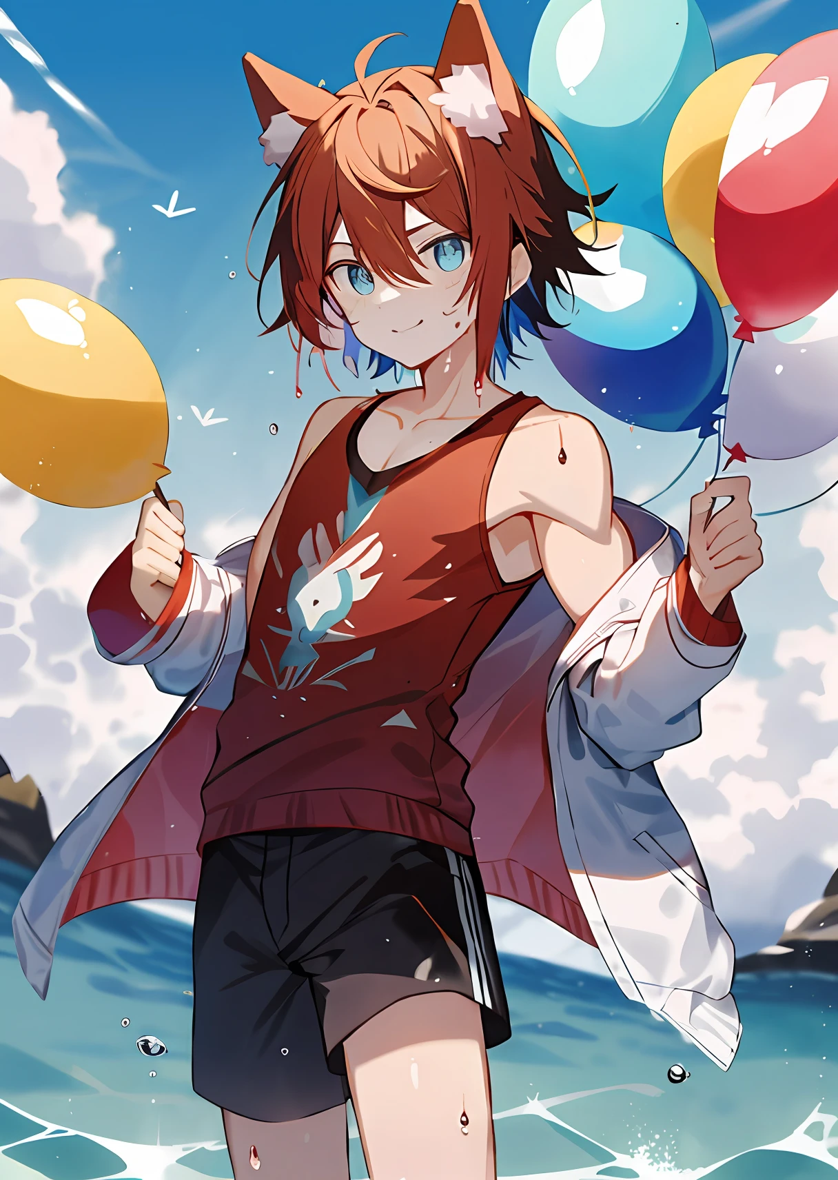 male anime character, From Arknights, dream magical,Sweet,(((shoun)))((Works of masters)),(Best image quality),(超高分辨率),(Exquisite facial features),s the perfect face,(8K分辨率),(Solo),Colored hair,((The color hair)),Nice and meticulous eyes,(Gradient color eyes),((Colored eyes)),((high saturated)),Detailed depiction,超高分辨率,(Works of masters),((Best image quality)),Higher quality,high detal,(Exquisite facial features),(s the perfect face),Glowing skin,(Beautiful boy),brown hair,A teenager laughed happily,full bodyesbian,holding balloons,Dove,blue-sky,red tank top,White coat,Black shorts,beachside,Muscular male, yaoi, buttocks, chest muscle, Well-developed pectoralis major muscles,, Wet body, Heat and steam are expelled from the body, full of sweat, Soaked, Big back, back, sexyposture, super angles, dynamic poses and angles, SFW version, art: Detailed anime soft face made by anime painter studio, Cat ears,