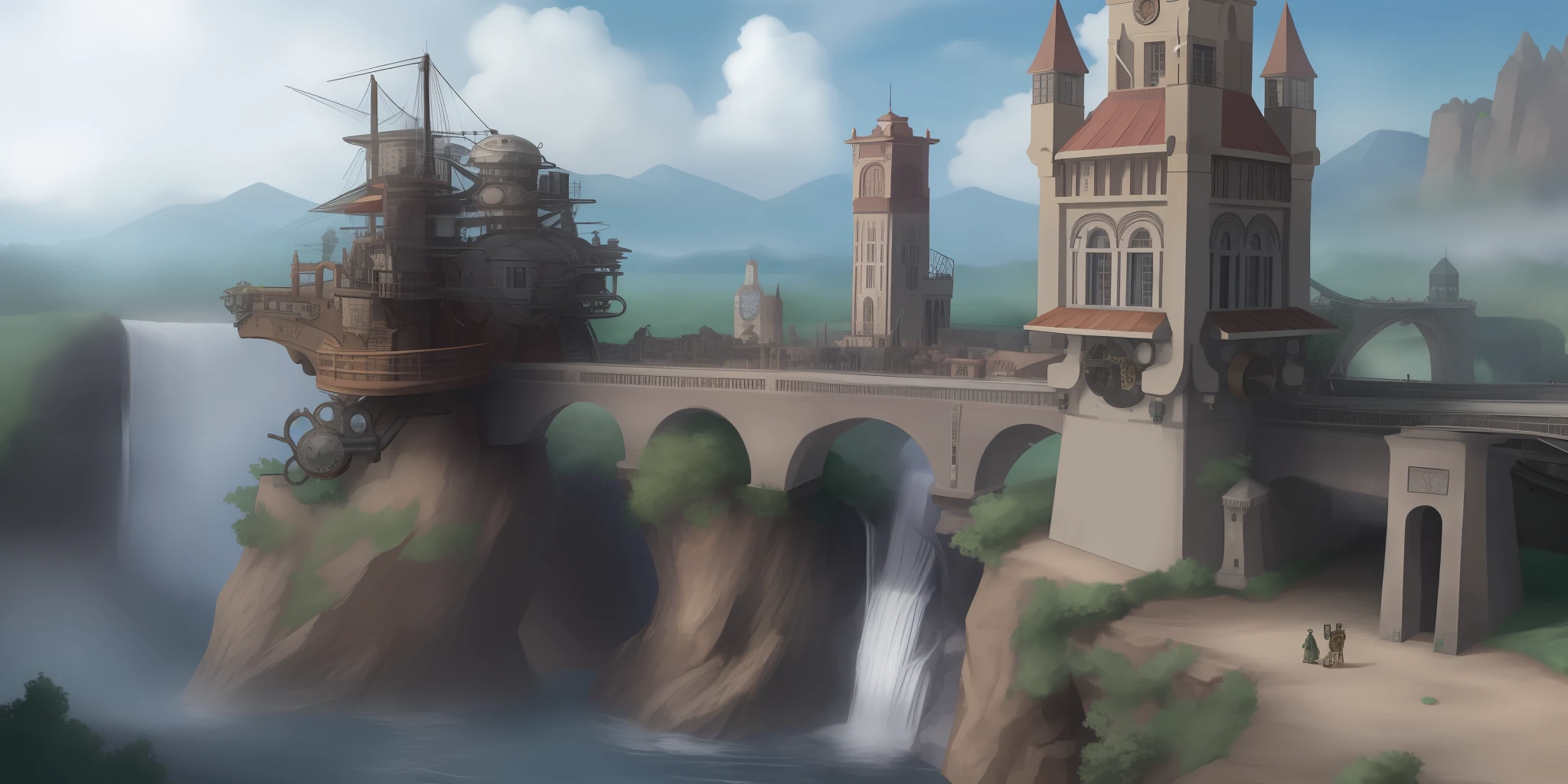 A small town with a bridge, tower, water fall, steampunk style, Highly detailed, Steampunk Details