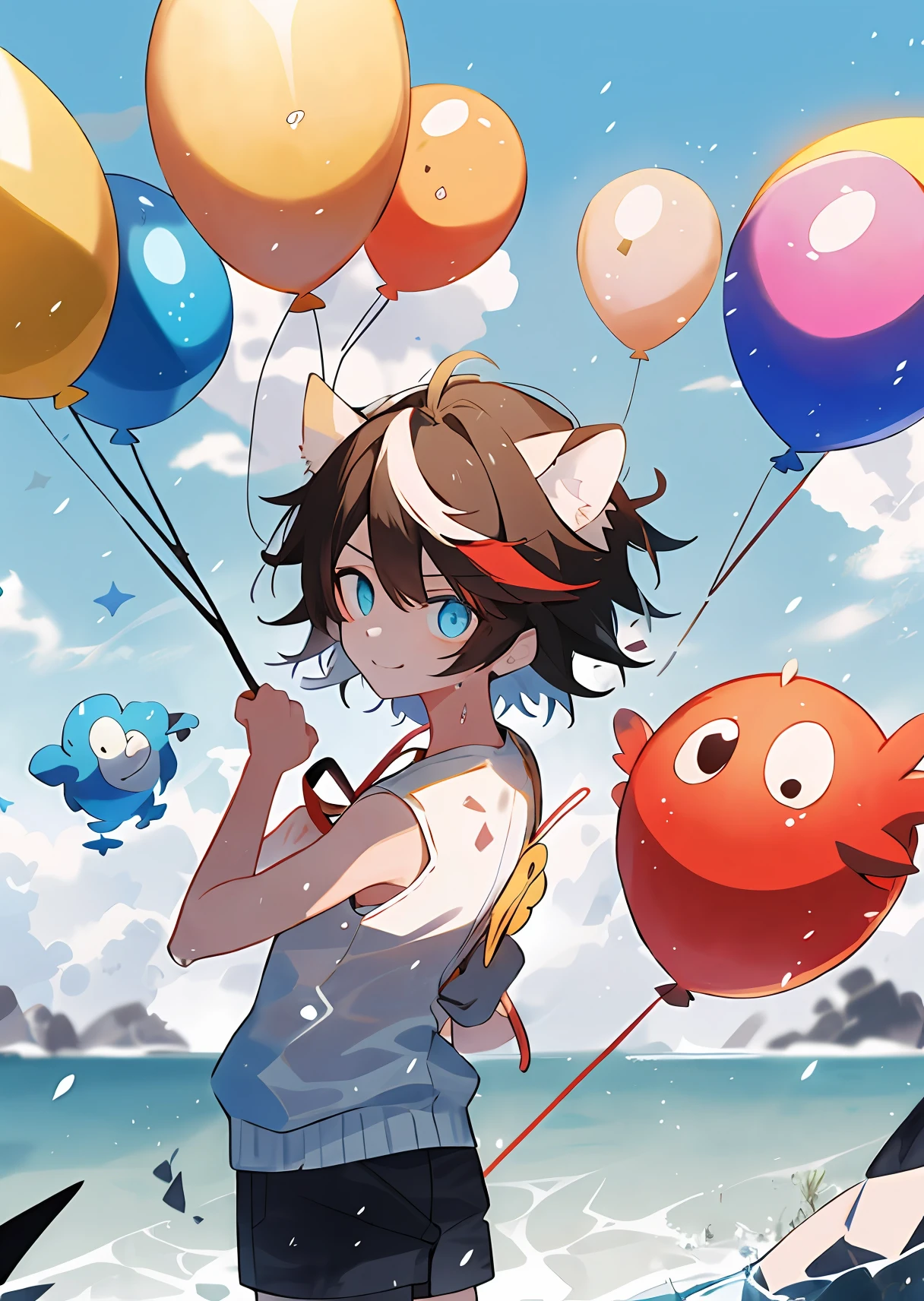 male anime character,  From Arknights, dream magical，Sweet，（（（shoun）））((Works of masters))，(Best image quality)，(超高分辨率)，(Exquisite facial features)，s the perfect face，(8K分辨率)，(Solo)，Colored hair，((The color hair))，Nice and meticulous eyes，(Gradient color eyes)，((Colored eyes))，((high saturated))，Detailed depiction，超高分辨率，(Works of masters)，((Best image quality))，Higher quality，high detal，(Exquisite facial features)，(s the perfect face)，Glowing skin，(Beautiful boy)，brown  hair，A teenager laughed happily，full bodyesbian，holding balloons，Dove，blue-sky，red tank top，White coat，Black  shorts，beachside，Muscles Shiri
buttocks, chest muscle, Thick thighs, Wet body, Heat and steam are expelled from the body, full of sweat, Soaked, Big back, back, show back, show ass, sexyposture, super angles, dynamic poses and angles,Cat ears，(high high quality, Breathtaking),(Expressive eyes, Perfect face), 1boy, Solo, wear short shorts, Blue sky, Sunlight, up-close，absurderes，A high resolution，Ultra detailed，offcial art，统一 8k 壁纸，Ultra detailed，Beauty and aesthetics，tmasterpiece，Best best quality，（zentangle，Ice and snow，Tangles，entangled），（s fractal art：1.3），Photorealistic，（tmasterpiece，top-quality，Best best quality，offcial art，Beauty and aesthetics：1.2），The is very detailed，s fractal art，Variegated，Most details，zentangle，（abstract backgrounds：1.5）（1boy：1.3），Kamimei，（Glowing blue eyes），mistic，(magic)，Ice and snow，
