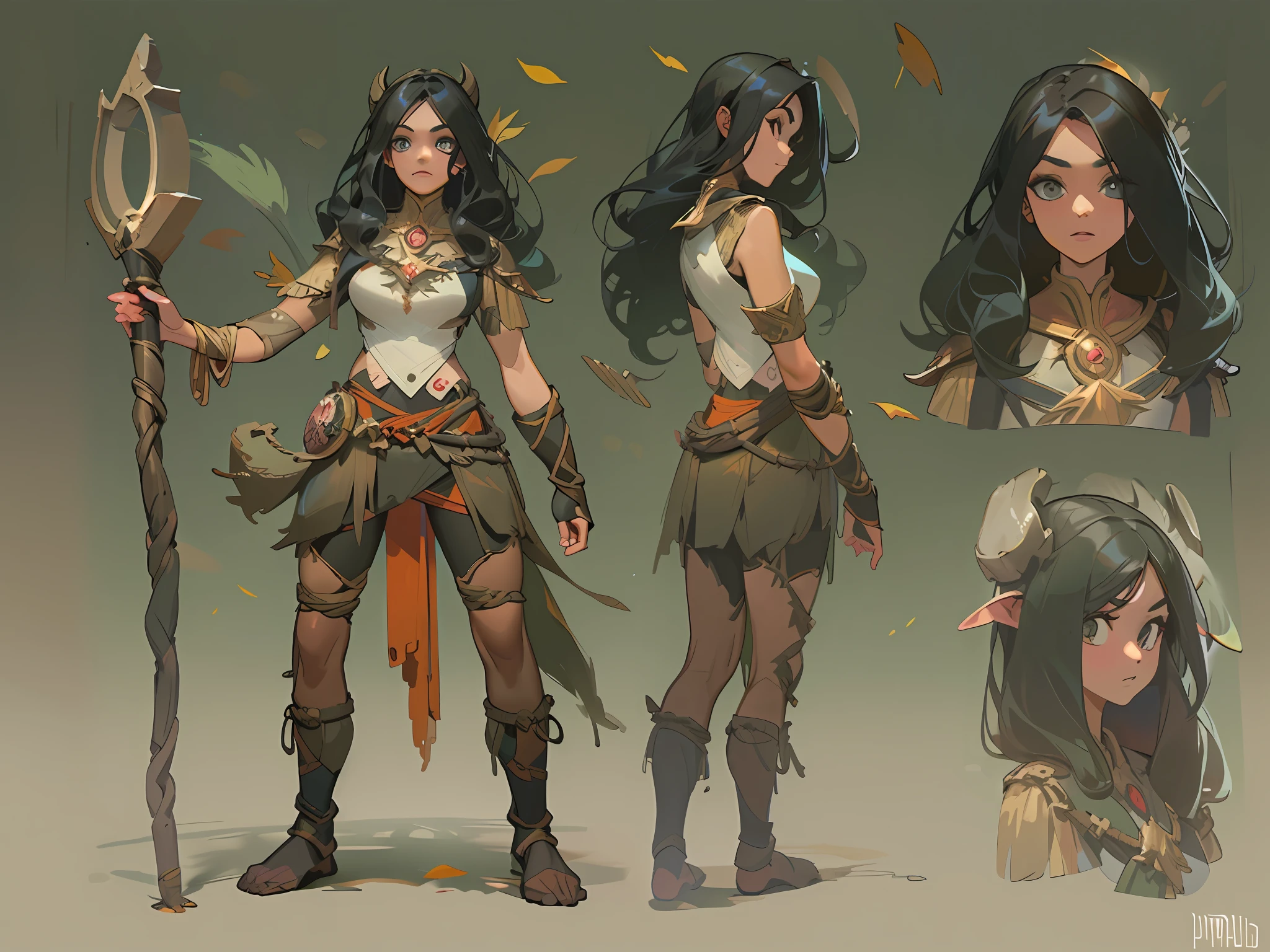 ((Three-view of roles)), ((tmasterpiece))、((Top quality))、((CharacterDesignSheet,Same role,frontage、Lateral face、on back)),illustration, ((1 Northern Girl,Barbarians,Primitives,arma)),(shaman, tusks, Nature, Healer, Round ears, wild hairs, Dark black hair, Unkempt hair, pretty eyes, Vines in hair, Thick body, Wide body),Fantasy setting,Environmental Scene Change, Pose too, , charturnbetalora, (simplebackground, white backgrounid: 1.3),falling leaf, ventania, Magic the Gathering, dungeons and dragons, character concept, character art, Character portrait, Cartoon, Best quality, Best resolution, 4K