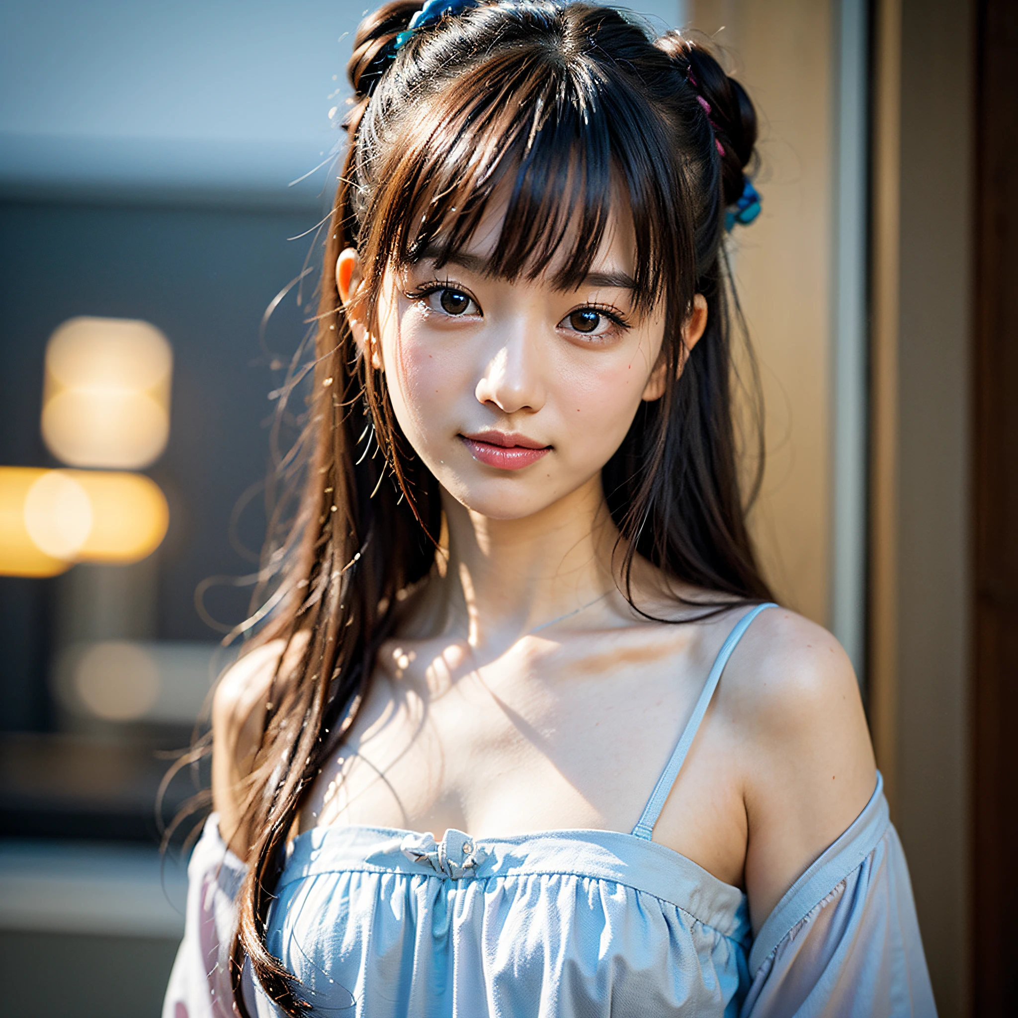 (​masterpiece、top-quality、a beauty girl、kawaii faces:1.5)、(The upper part of the body、bangss、a smile:1.2)、small waist、(Simple background:1.4)、(Skysky、A clear day:1.2)、Blue summer clothes、face lights、8K、Official Art、Raw foto、Incredibly absurd、depth of fields、looking at the viewers、A hyper-realistic、hight resolution、a picture、film grains、chromatic abberation、foco nítido、Bokeh background、Dynamic lighting、highestdetailed、 ighly detailed、ultra-detailliert、detaile、extremely detailed eye and face